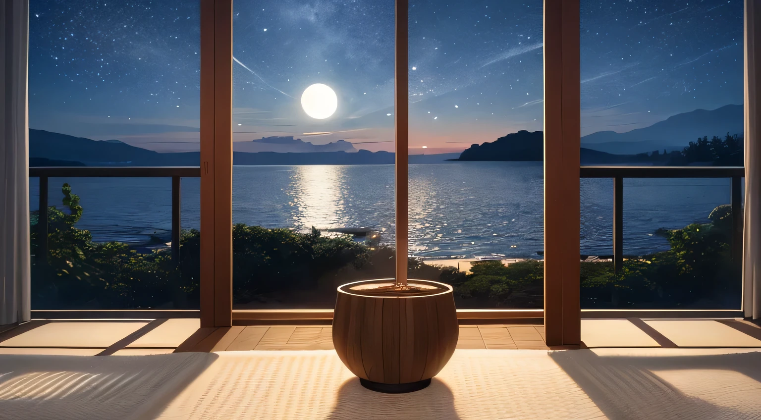 The image captures the serene beauty of a "Moon Night" - unmanned, a moonlit night where the stillness of the night is reflected in its breathtaking beauty. The moonlight gently bathes the surroundings. In contrast, a quiet scene unfolds as someone silently savors a bowl of udon, sipping it without making a sound. This moment of tranquility within the night's hush evokes a sense of happiness and contentment. Real photo, 8k.