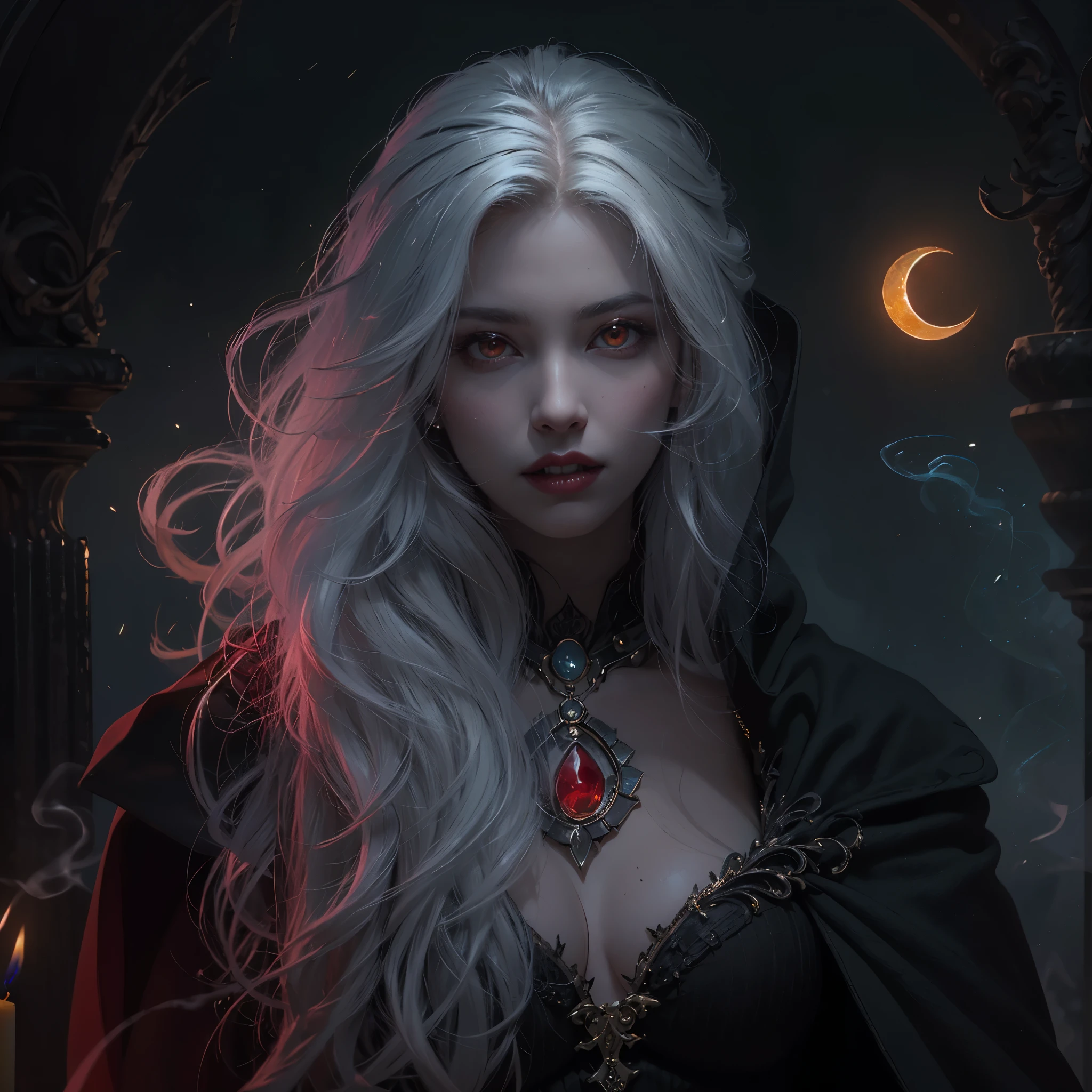 (Award-winning masterpiece, incredibly detailed, textured and maximally detailed), (hyper realistic: 1.4), (realistic: 1.3), (upper body: 1.6), ((medieval world)), (top quality realistic textured skin), beautiful vampire high ranking wizard: 1.7), (2 thick, long, sharp vampire teeth protruding from lips: 1.7), (red wizard wearing black hat: 1.6), (delicately decorated jet black cape: 1.6), (delicately decorated cape, damaged and faded: 1.5), (dense true circle symmetrical and eye catching dense and beautiful face: 1.6 ), (aesthetic and decadent atmospheric image: 1.6), (pale but beautiful skin and face: 1.6), (wearing a lot of decadent and delicately crafted accessories: 1.8), (strongly luminous magic circle: 1.3), (bioluminescent bright red eyes: 1.7), (debased beauty: 1.6), (from the inside pair of red eyes with intense red light: 1.7), (elegant and lavishly crafted accessories: 1.8), (little skin exposure: 1.5), (strong moonlight coming from outside: 1.7), ((dramatic photo)), ((cinematic light)), (full-length portrait: 1.7), ( Looking Down)), (Dramatic Pose)), (Smoke Effect and Bewitching Light:1.4)), Beautiful White Hair, Beautiful Silver Hair, Beautiful Beautiful Blonde Hair, Wind Effect, (Drifting Purple Smoke: 1.3)), Old Castle Site, ((Dark Night, Full Moon Night, New Moon Night)), Epic Realistic, Fading, ((Midnight Color ))), art book, (ticker:1.5), (muted colors:1.2), hyperdetailed, (art station:1.5), cinematic, warm lights, light effects, dramatic light, (elaborate detail:1.1), background complex, (Greg Rutkowski:0.8) (teal and orange:0.4), (teal and orange:0.4), (teal and orange:0.4), (teal and orange:0.4)、(Candle light lighting:1.3)