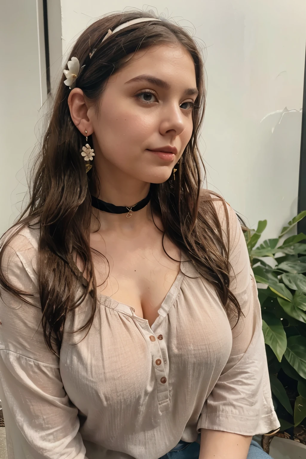 Chloe Hart chubby brunette very long wet hair dimples flower hairband earrings bangles choker casual wear