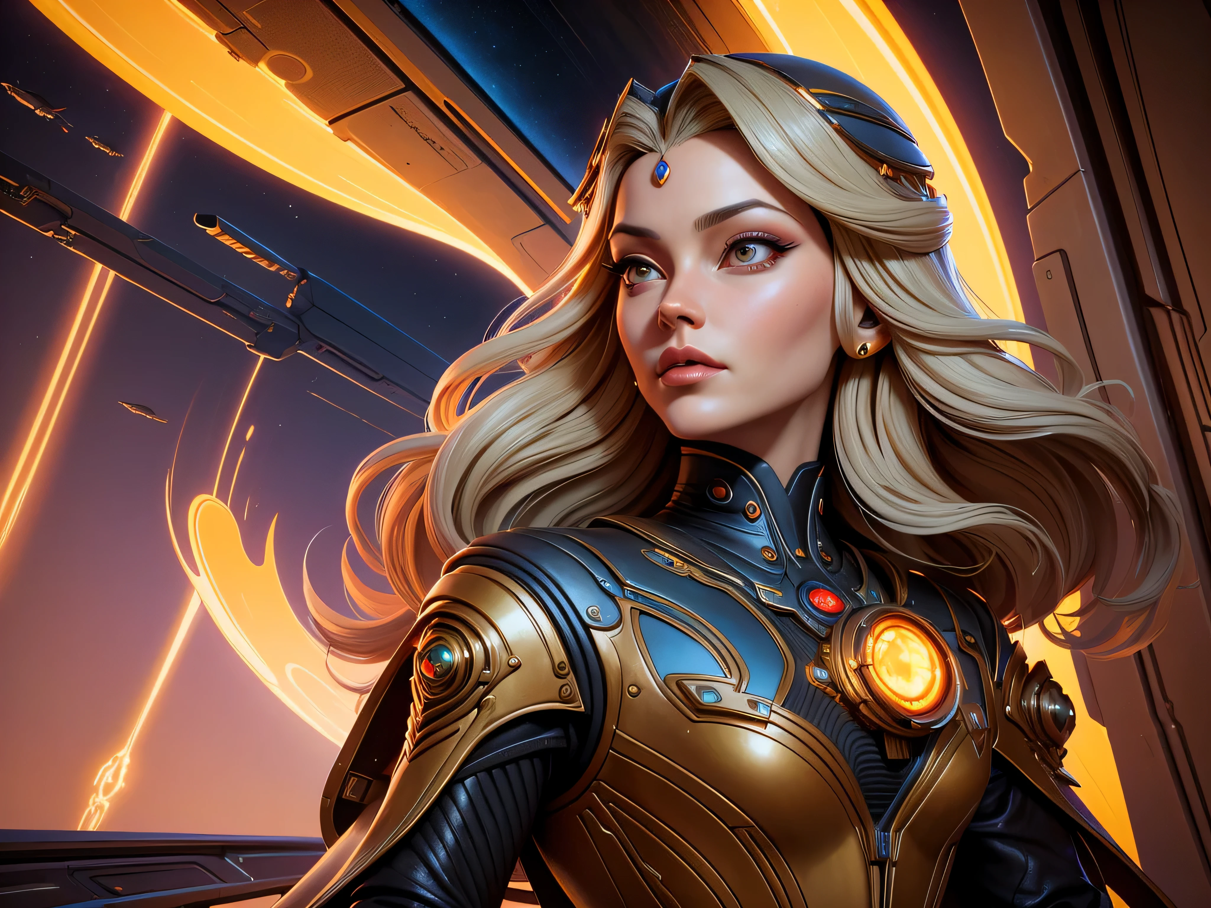 painting of a woman in a futuristic world with a spaceship in the background, karol bak uhd, ray swanland, of a futuristic woman selk'nam, style of jim burns, inspired by Tim Hildebrandt, by Wayne England, futuristic painting, dune city and temples of arrakis, portrait of a cyborg queen, inspired by Vladimir Tretchikoff