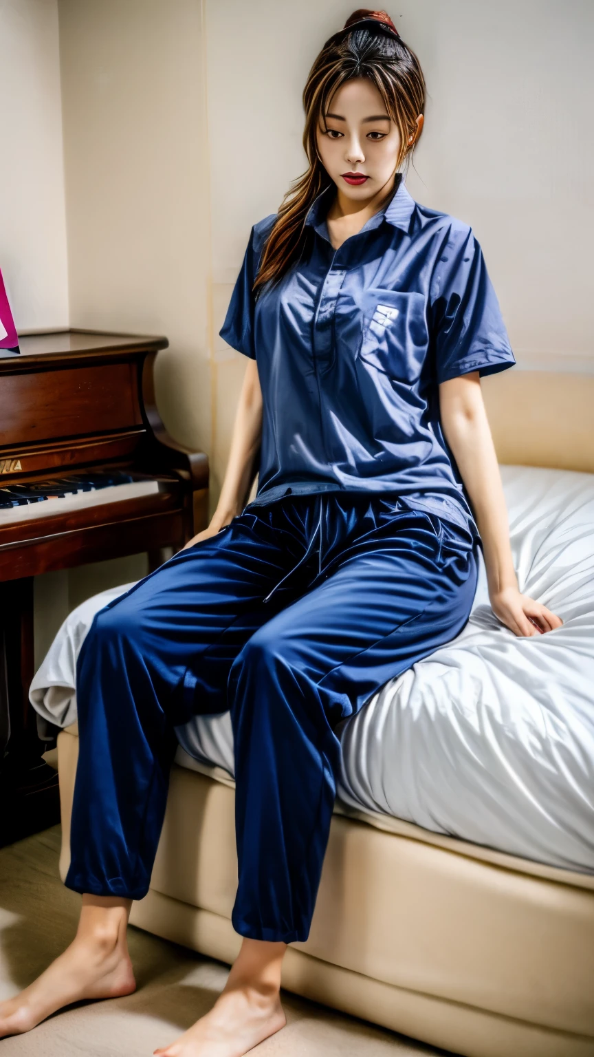 2 girls in the piano room, Navy blue short-sleeved shirt,Navy Long Trackpant,Sweatpants, Sweatpantsขายาว, lying on the bed., หญิงรักhave sex, coax, Sexual arousal, Realistic poses, exercise clothes, exercise clothes, have sex