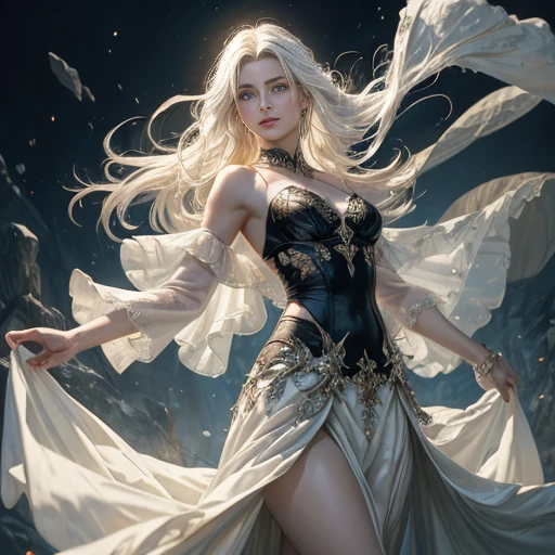A young demon, 23 anos, with a mesmerizing blend of ETHereal beauty and devilish allure. Esta obra-prima de arte, captured in the highest quality resolution, depicts a single figure with ivory-white hair cascading down her shoulders, contrastando lindamente com seus penetrantes olhos roxos que emitem um brilho misterioso. The demon is in a pose that exudes confidence, adorned with an elegant top and a flowing skirt that dances with the slightest movement. Your lips are gently parted, revealing a hint of a mischievous smile, while a delicate blush adds a touch of innocence to your otherworldly features. A cena se passa sob a noite de luar, onde flores vibrantes desabrocham sob os raios encantadores do sol, fundindo um suave, ETH