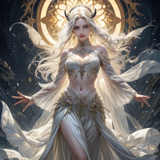 A young demon, 23 anos, with a mesmerizing blend of ETHereal beauty and devilish allure. Esta obra-prima de arte, captured in the highest quality resolution, depicts a single figure with ivory-white hair cascading down her shoulders, contrastando lindamente com seus penetrantes olhos roxos que emitem um brilho misterioso. The demon is in a pose that exudes confidence, adorned with an elegant top and a flowing skirt that dances with the slightest movement. Your lips are gently parted, revealing a hint of a mischievous smile, while a delicate blush adds a touch of innocence to your otherworldly features. A cena se passa sob a noite de luar, onde flores vibrantes desabrocham sob os raios encantadores do sol, fundindo um suave, ETH