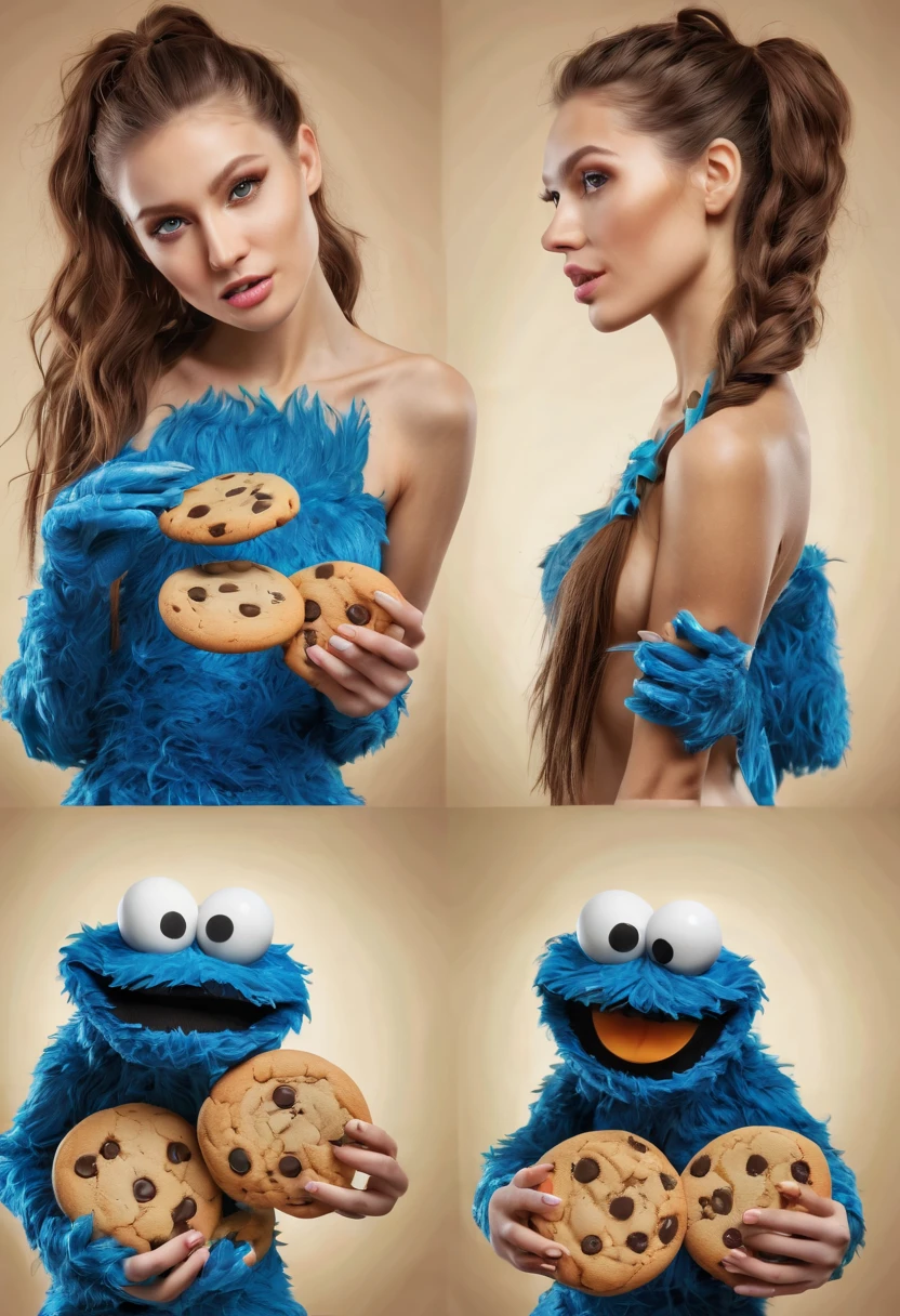 (best quality, highres, ultra-detailed), (realistic:1.37)
Image divided into 8 parts, catalog of different types of "Cookie Monster" next to stunning ponytailed Czech anorexic sexy woman,, (vivid colors), (concept artists), natural lighting