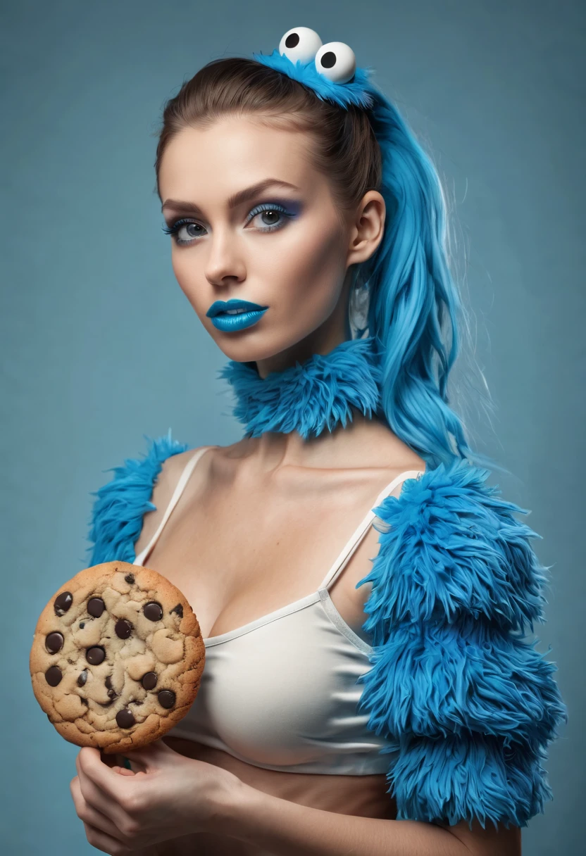(best quality, highres, ultra-detailed), (realistic:1.37)

Image divided into 8 parts, catalog of different types of "Cookie Monster" next to stunning ponytailed Czech anorexic sexy woman,, (vivid colors), (concept artists), natural lighting