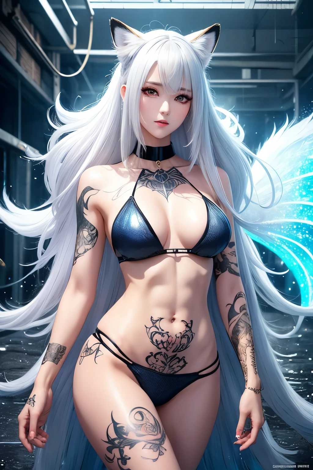 best quality, 32k, RAW photo, incredibly absurdres, extremely detailed, pure white and very cute fox beast woman, silver glossy long wavy iridescent hair, sparkling gold sharp slit eyes, (abs:1.2), great proportion, (lots of tattoos:1.3), wearing wild fur coat, delicate, flashy and dynamic depiction, background Dim basement, ruins, abandoned building, dust, water drops, dark fantasy, professional lighting