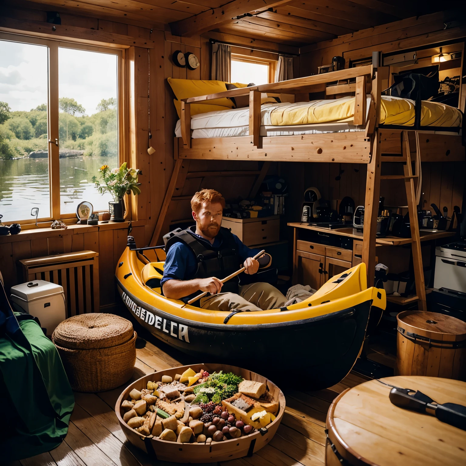 Generate a photo of a guy that is cubby, redhead,Swedish, surrounded by Swedish foods in his kayak house and playing gangbeats