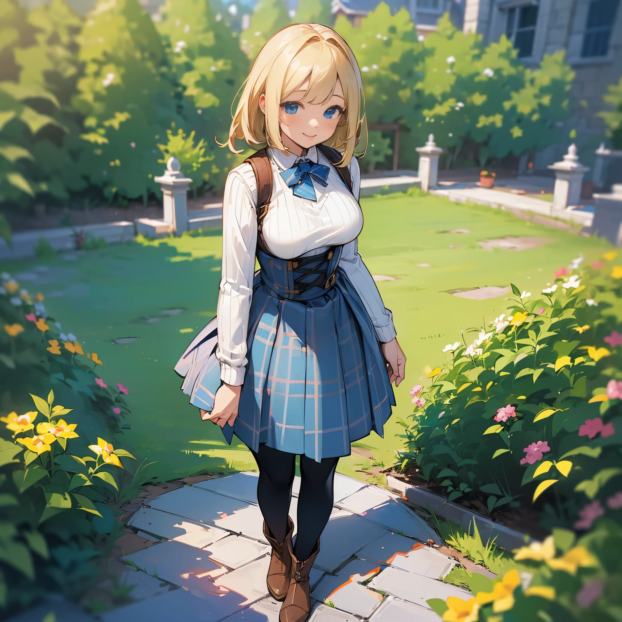 (high quality, high resolution, Super detailed, Reality:1.37), peaceful atmosphere, (outdoor, garden), age girl standing alone, (My breasts are big.), Beautiful detailed features, cute smile, (blonde bob hair), ribbed sweater, blue plaid skirt, Black tights, brown boots.