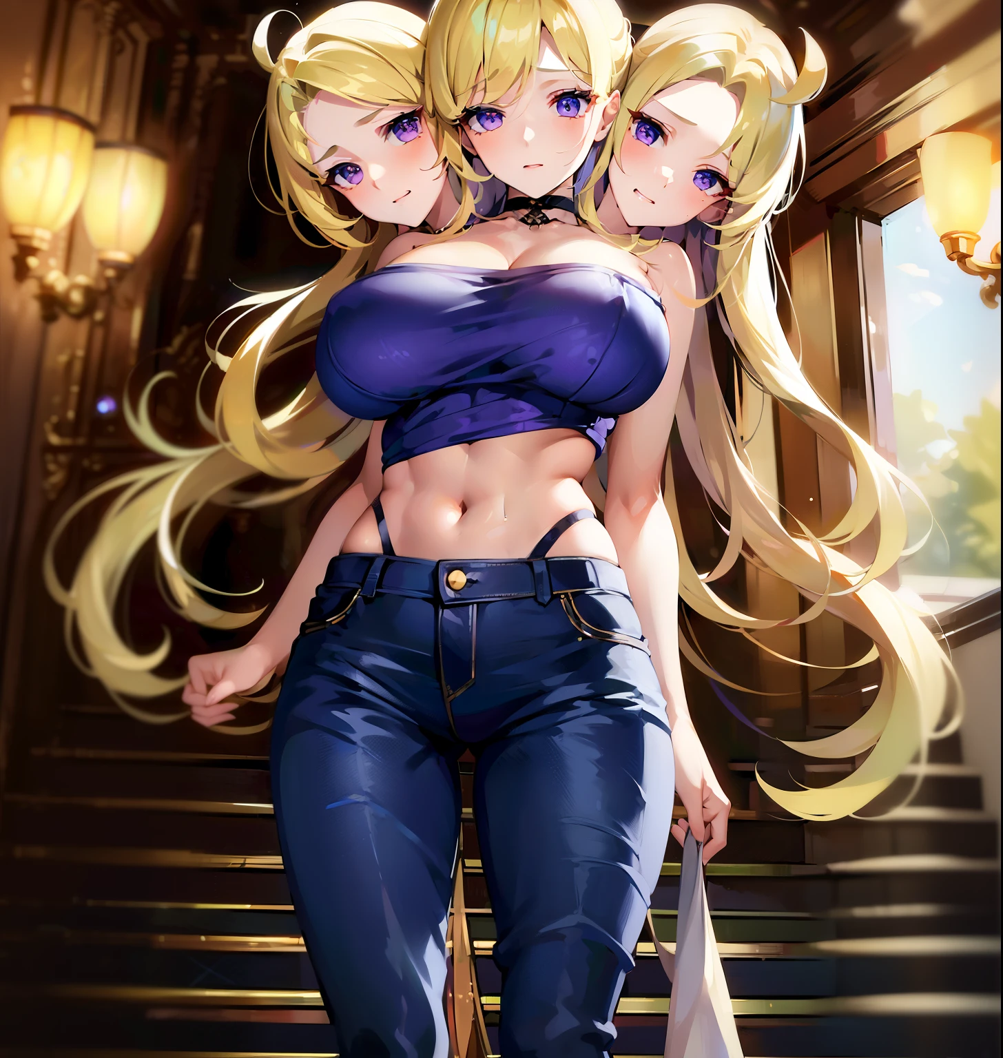 best quality, (masterpiece),(ultra-detailed), (high quality), (high resolution), (3heads:1.5) blonde hair, glowing blue eyes, three headed woman (three ), cleavage, full body,best quality:1.5, highres, UHD, 4K),, ((purple crop t shirt)), ((wearing blue jeans )), black shoes  proportions,, thighs, Beautiful girl with accentuated slender abs,  expression 