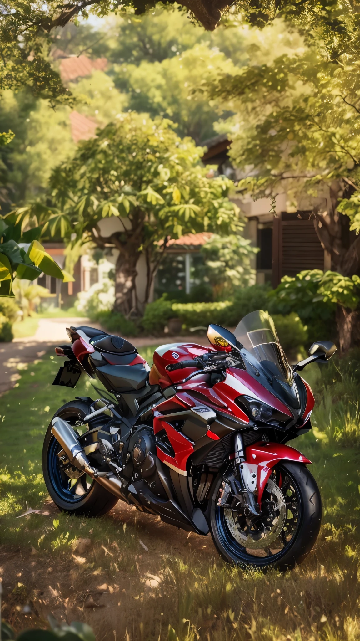 there is a motorcycle parked in the grass near a tree, r6, front side full, translucent sss, triumph, unreal enging, motorcycle, glossy white armor, f 8 apeture, front side, white red, front shot, front profile!!!!, taken with sony alpha 9, taken with sony a7r camera, shot on sony a 7, front perspective