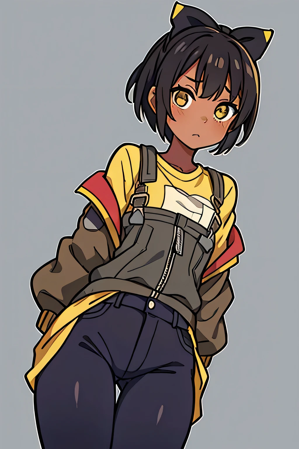 (chica solitaria 1.2), piel oscura, ojos ambar, Camisa amarilla, jeans negros, short hair with a dark brown color, detailed eyes in high definition. She is depicted in the Evangelion Anatomy style as a young woman on a gray background... Her expression is flirtatious and she is blushing., mientras su boca sigue seria. The artwork features detailed lines and warm colors., with an effect that imitates a photographic section. Solo hay unas pocas hojas de fondo.. His hands are perfectly drawn., adding to the overall mastery of this digital drawing. Tiene pupilas grandes y su piel se describe como similar a la de Nagatoro.. Besides, ella lleva una chaqueta bomber y tiene un lazo en el pelo.