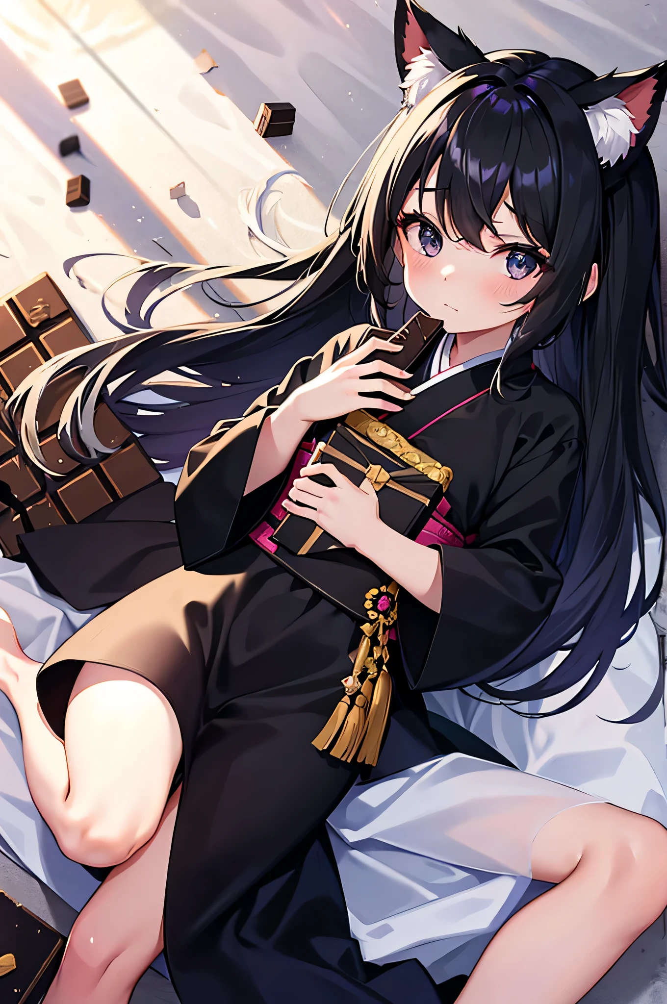 pretty girl, (small:1.3), girl, whole body, fell in love, embarrassing, Black long hair, (half bundle), black eye, (holding a box of chocolates), Black hanbok, face, Puppy ears, left sunlight