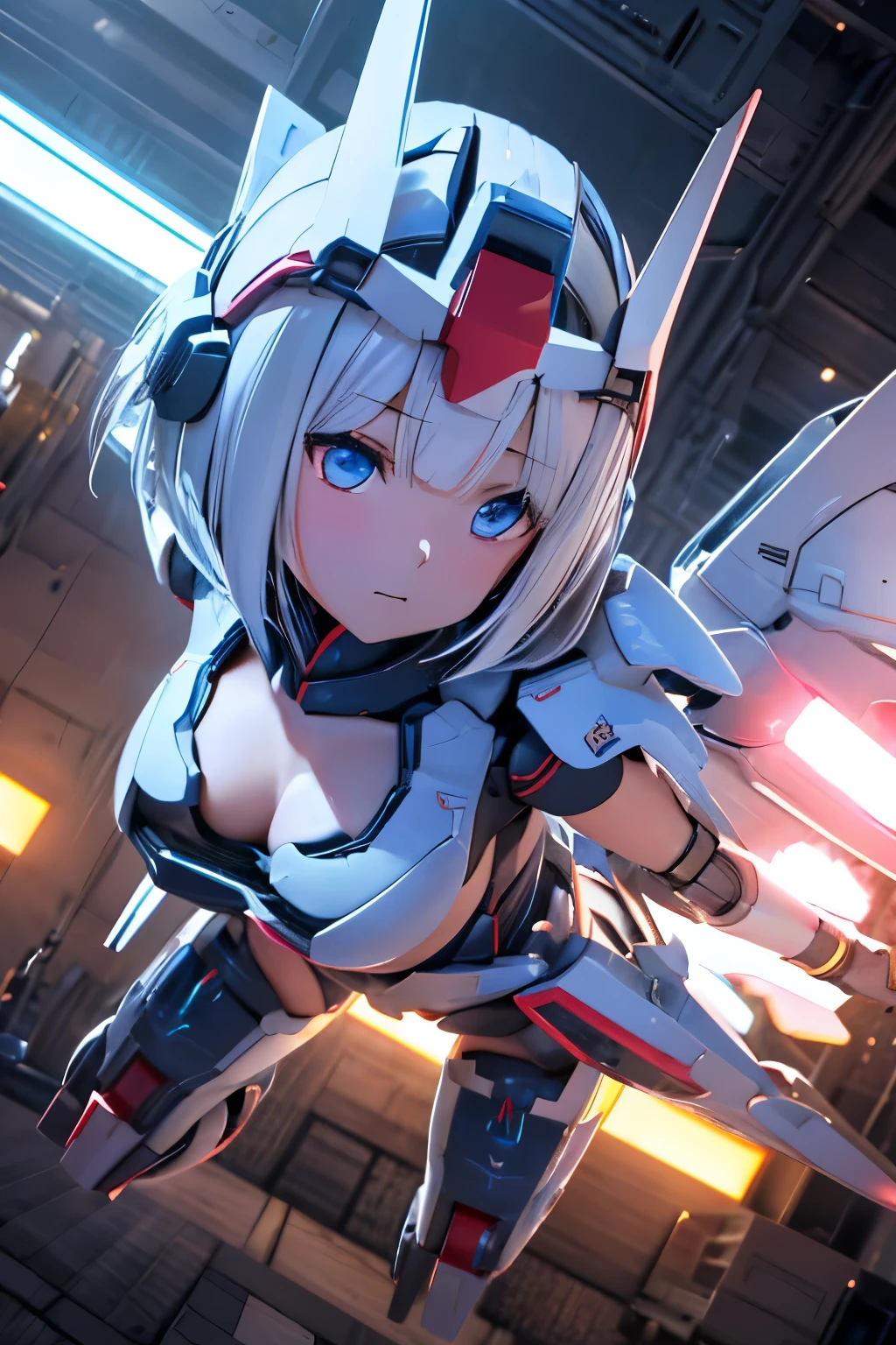 (highest quality)),
((masterpiece)),
(very detailed: 1.3),
ultra HD16k,
NVIDIA RTX,
Super Resolution,
{(japanese young girl)},
((wears a futuristic Gundam mecha)),
(Gundam),
with headgear,
with v-fin ,
((unarmored cleavage)),
((unarmored stomach)),
((unarmored upper arms)),
((unarmored face)),
(unarmored hands),
(unarmored waist),
((unarmored thighs)),
(unarmored ankles),
japanese girl wear light blue and white striped pantie under armor,
battle pose,
cute,
(cute:1.2),
(bob cut:1.3),
三つ編み,
黒髪,
太い眉毛,
薄い色の虹彩,
大きくて輝いている黒い瞳,
長いまつげ,
小さく薄い色の自然な唇,
(Average face of Japanese idols),
(日本人特有の童顔:1.3),
(baby face),
広いおでこ:1.2,
ふっくらした頬,
小さな顎,
open legs,
spread feet,
visible side boob,
(mechanical wings),
(巨大な武器を持っている:1.2),
特大の盾を持っている,
looking at viewer,
Focus on the eyes
in the hangar,
3D, asymmetric body,
Rule of thirds,
full body:1.5,
multilayer textureperfect proportions,
octane rendering,
duotone lighting,
Low ISO,
wide aperture,
White balance,
HDR (High Dynamic Range),
Ray Tracing,
Subsurface Scattering,
PBR Texturing,
Post Processing,
Anisotropic Filtering,
Depth of Field,
Maximum Clarity and Clarity,
High efficiency subpixel,
subpixel convolution,
particles of light,
light scattered,
Tyndall effect,