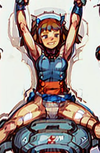 masterpiece, very short pigtails,brown hair, Hair tie with two big red clothespins, mature, Female robot, android, mechanical robot, joint seam, with blue ocarina, blue eyes, full body figure, Height: 160cm, Light beige dress, fluttering skirt, skirt turned up folds, Uplifting, flushed cheeks, 2020s anime picture,ball joint, missionary angle, joy, A big smile, Cream-colored plain dress 　jump　A beautiful robot with short brown hair in two short pigtails held up by two large red clothespins.　Faint lines at joint joints　25 years old　2020s anime picture　blue eyes　Uplifting　fluttering skirt　notNSFW, No NSFW, whole body, Beige kantogi, spread legs, Eyeballs pop out, uterine prolapse, leaning over, bridge gymnastics 