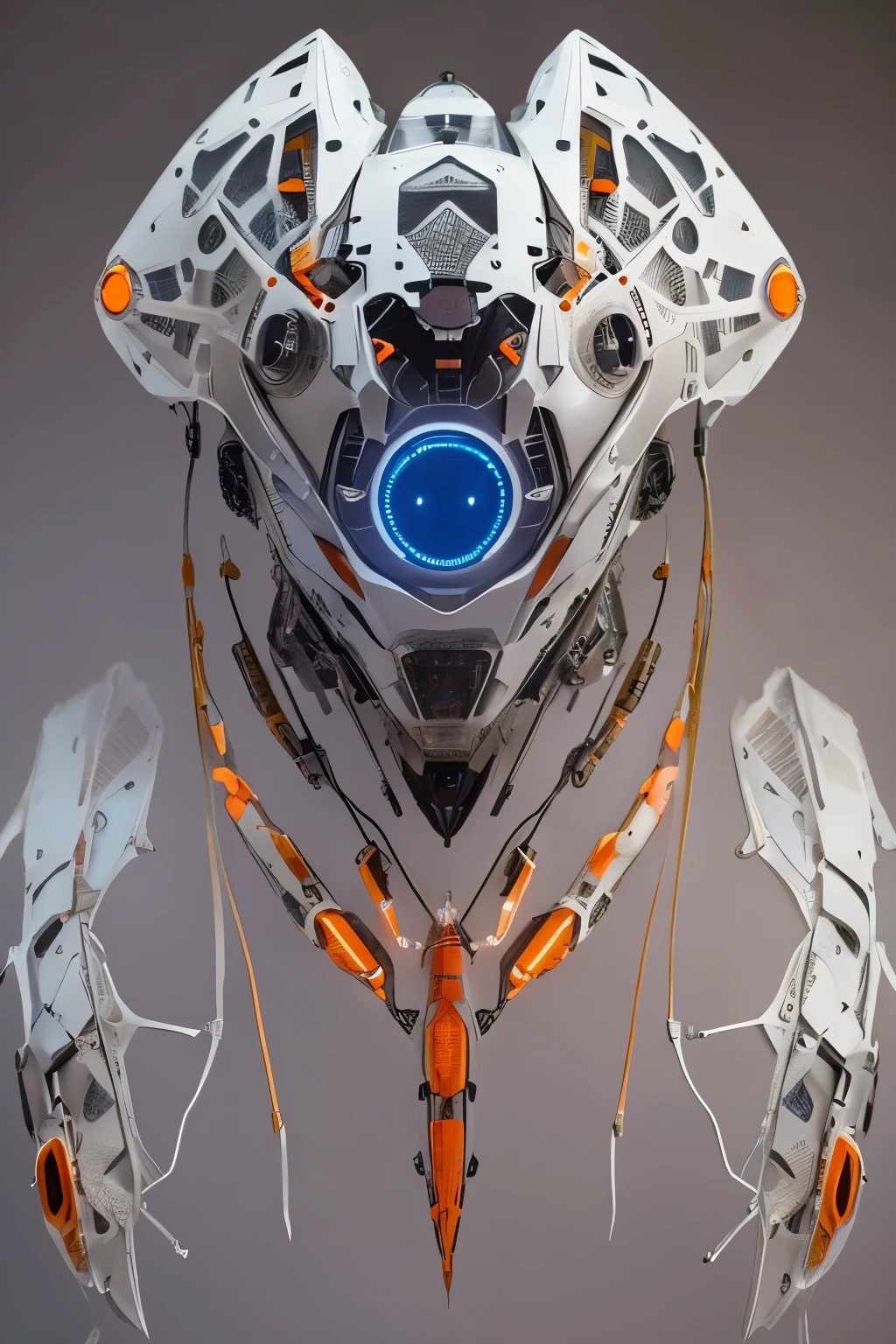 1 robot, organic, orange triangle glowing eyes, cyberhelmet, long hair, white plastic, diffuse lighting, fantasy, intricate, elegant, highly detailed, lifelike, photorealistic, smooth, sharp focus, art by John Collier and Albert Aublet and Krenz Cushart and Artem Demura, wires, tubes, dark room, dim light