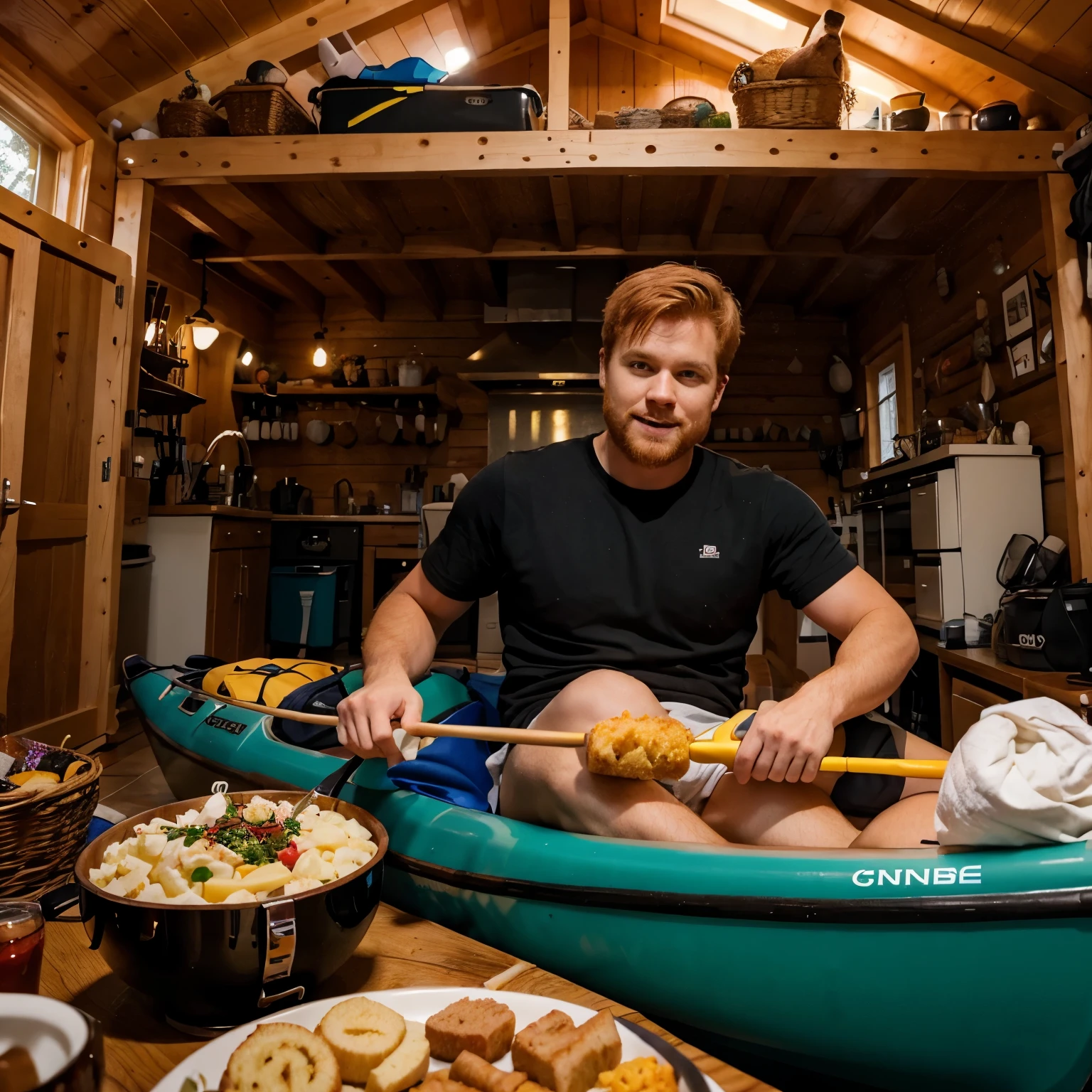 Generate a photo of a guy that is cubby, redhead,Swedish, surrounded by Swedish foods in his kayak house and playing gangbeats
