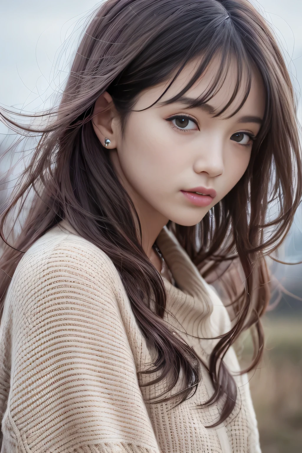 (Beautiful Korean Stars)Realistic photos of shoulder-length hair、light makeup、medium chest size、wearing a coat、in the snow、clear facial features、8K high resolution、sharp and realistic details、from outside、eye level shot、f / 4.0、135mm、fujifilm、jpegartifacts、dithering、UHD、masterpiece