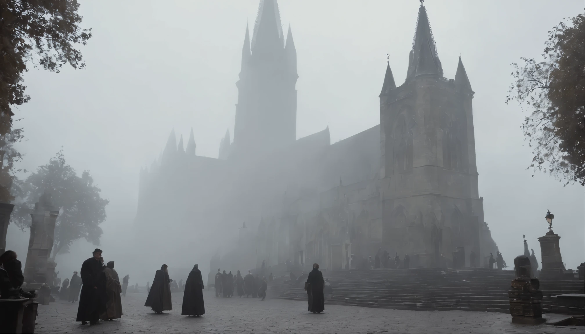 In a gothic city shrouded in fog, lanternas antigas iluminam ruas estreitas e sinuosas. In the shadow of imposing towers, a central square reveals a statue of a dark mythological being. Gargoyles adorn the rooftops, enquanto uma lua cheia destaca cada detalhe macabro, creating an atmosphere of mystery and fascination