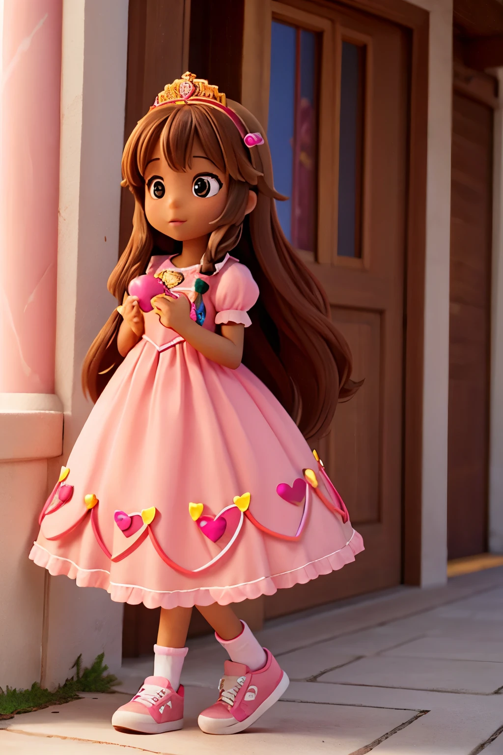 Brown skinned six year girl, with long brown hair, in pink princess long dress decorated with hearts, holding a heart wand, pink with pink heart crown, with red sneakers