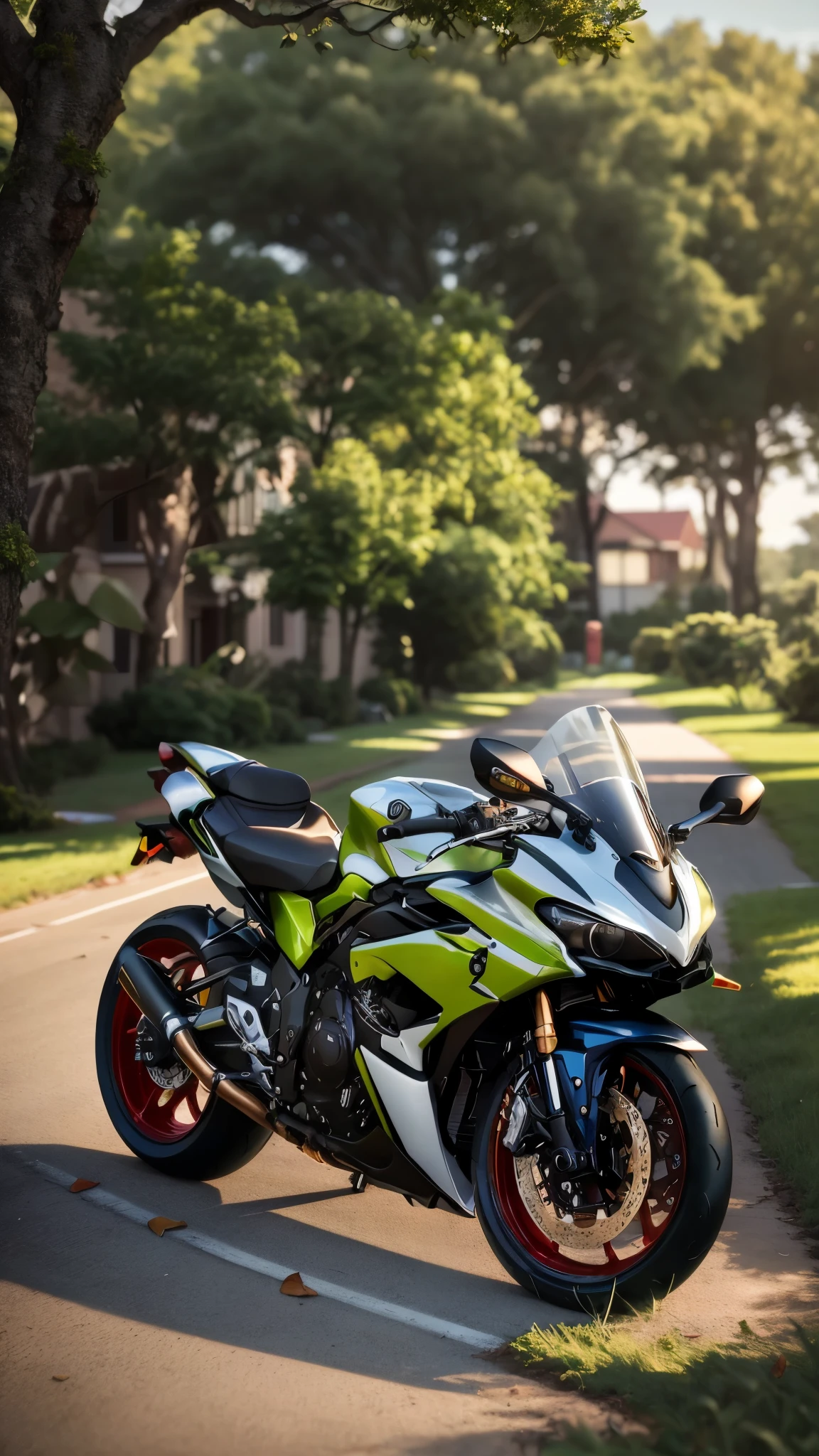 there is a motorcycle parked in the grass near a tree, r6, front side full, translucent sss, triumph, unreal enging, motorcycle, glossy white armor, f 8 apeture, front side, white red, front shot, front profile!!!!, taken with sony alpha 9, taken with sony a7r camera, shot on sony a 7, front perspective