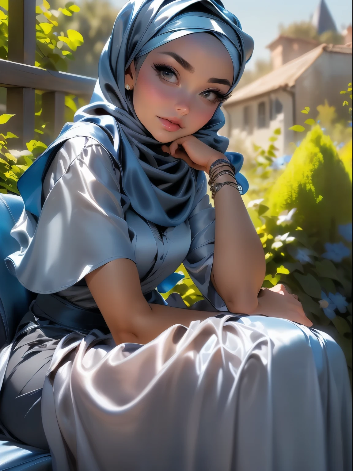 3dmm style, ((Masterpiece, best quality, photography, detailed skin, realistic, photo-realistic, 3D Character Design, pixar, real cartoon, High detail RAW colour art, diffused soft lighting, shallow depth of field, sharp focus, hyperrealism, cinematic lighting, ((close up)) hijab, a turkish lady, beautifully makeup, brown beautiful big eyes, long eye lashes, wearing ((Gray satin hijab)), loosely tide hijab style, ((blue satin shirt)), satin long maxi skirt, sitting in the garden, outdoors