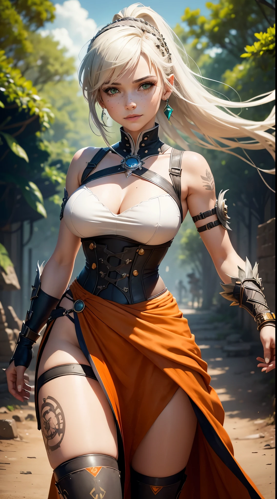 gwen tennyson,1girl,tracer,yorha 2b,rebecca chambers,overwatch,atelier ryza,close up, amazonian jungle ruins,tattoos,orange and white armor,white short sleeve tribal top,mayan jewelry,long tribal skirt,harness corset,long tribal ponytail hair,punk makeup,green eyes,multicolored silver hair,long dress train,sexy smile,freckles,beautiful girl,thigh high tribal boots,large breasts,8k,ultra detailed,realistic,fantasy art,tribal warrior armor,tribal gown dress,hair pin,tribal ear piercings,tribal hand and neck jewelry,(weather:windy),long orange tribal cloak,(pose:ready to fight),leaves flying,hunter spear, 