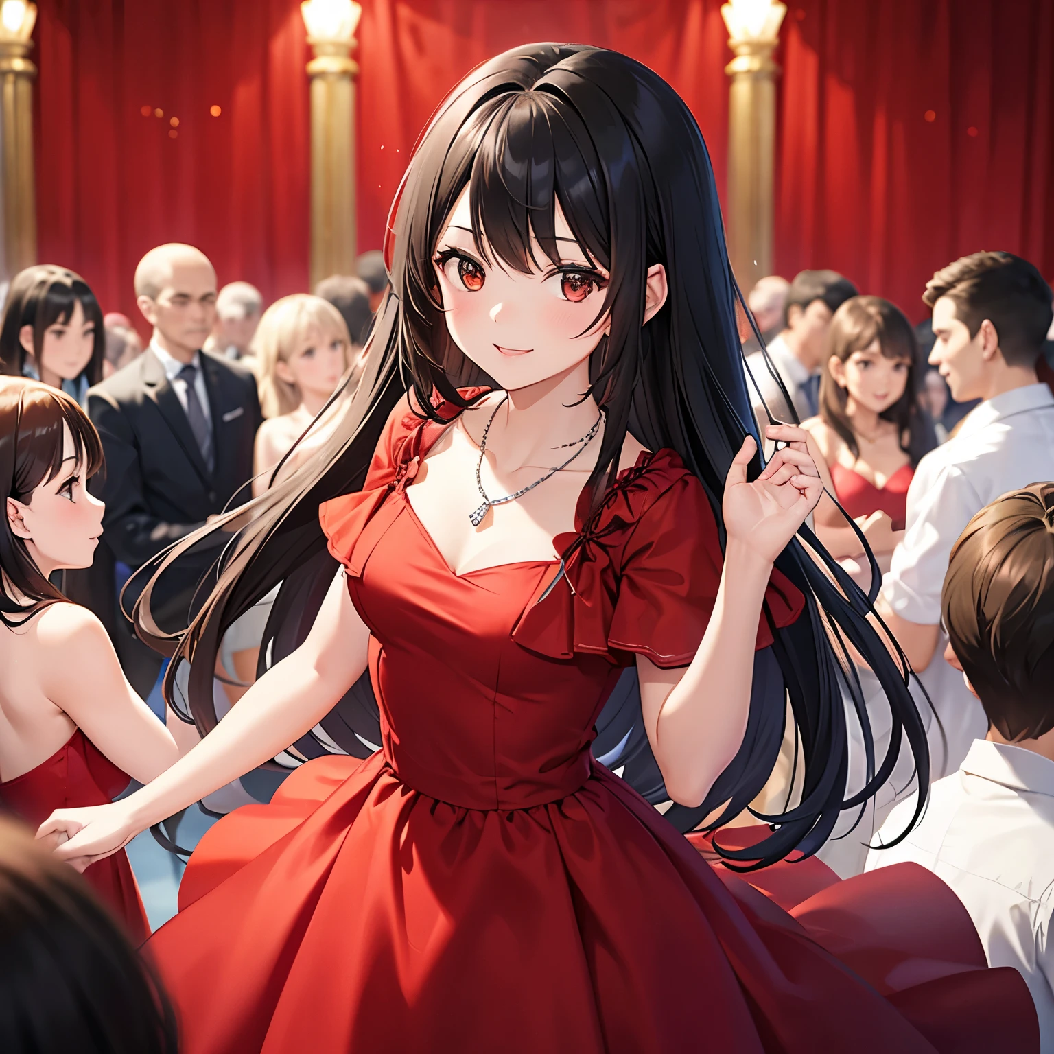 Girl in red dress smiling and staying still looking at the viewer , in the middel of a crowd that  are dancing in a wedding , black hair , red brown eyes small silver necklace 