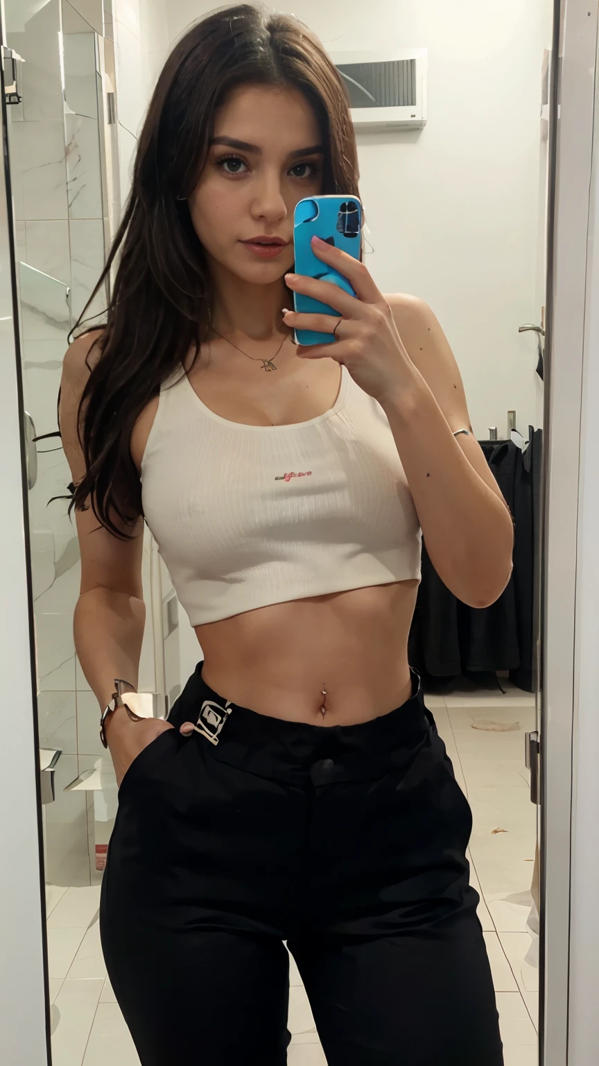 araffed woman taking a selfie in a bathroom mirror, wearing a sexy cropped top, her belly button is exposed, belly button showing, wearing crop top, 2 4 year old female model, wearing a cute top, fit pic, tinyest midriff ever, middle body shot, physical : tinyest midriff ever, outfit photo