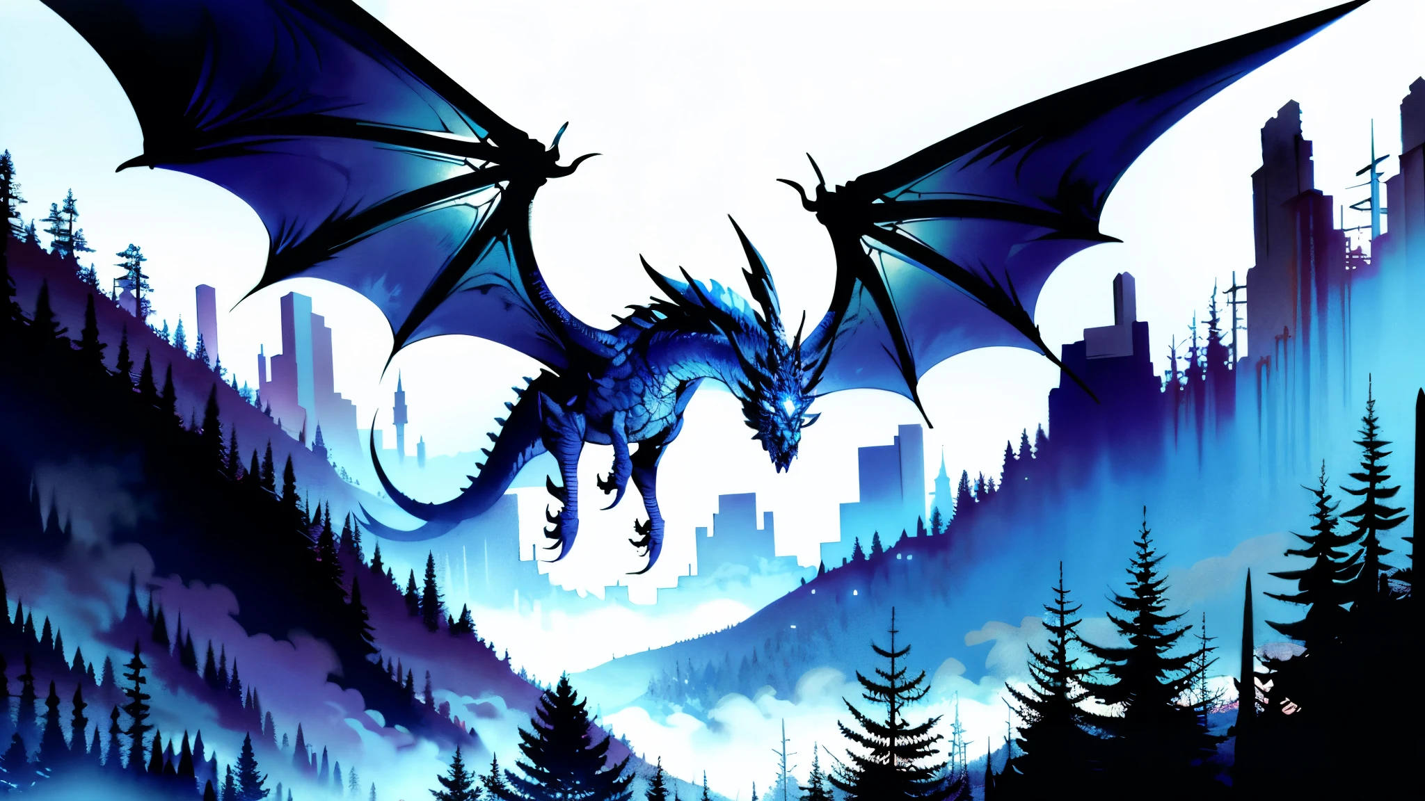 In the style of Ivan Bilibin and Arthur Rackham, An adventurer donned in silvery-blue lightweight armor, brandishing a dazzling azure-hued holy sword, confronts a colossal malevolent black dragon, The sky is obscured by a dark mist, and the dragon's ominous aura wreaks havoc on the landscape of mountains, forests and city below, Cinematic atmosphere, detailed destruction, epic fantasy, high definition, best quality, highres, ultra-detailed, ultra-fine painting, extremely delicate, professional, anatomically correct, creativity, RAW photo, UHD, HDR, 32k, Natural light, cinematic lighting, masterpiece-anatomy-perfect, masterpiece:1.5