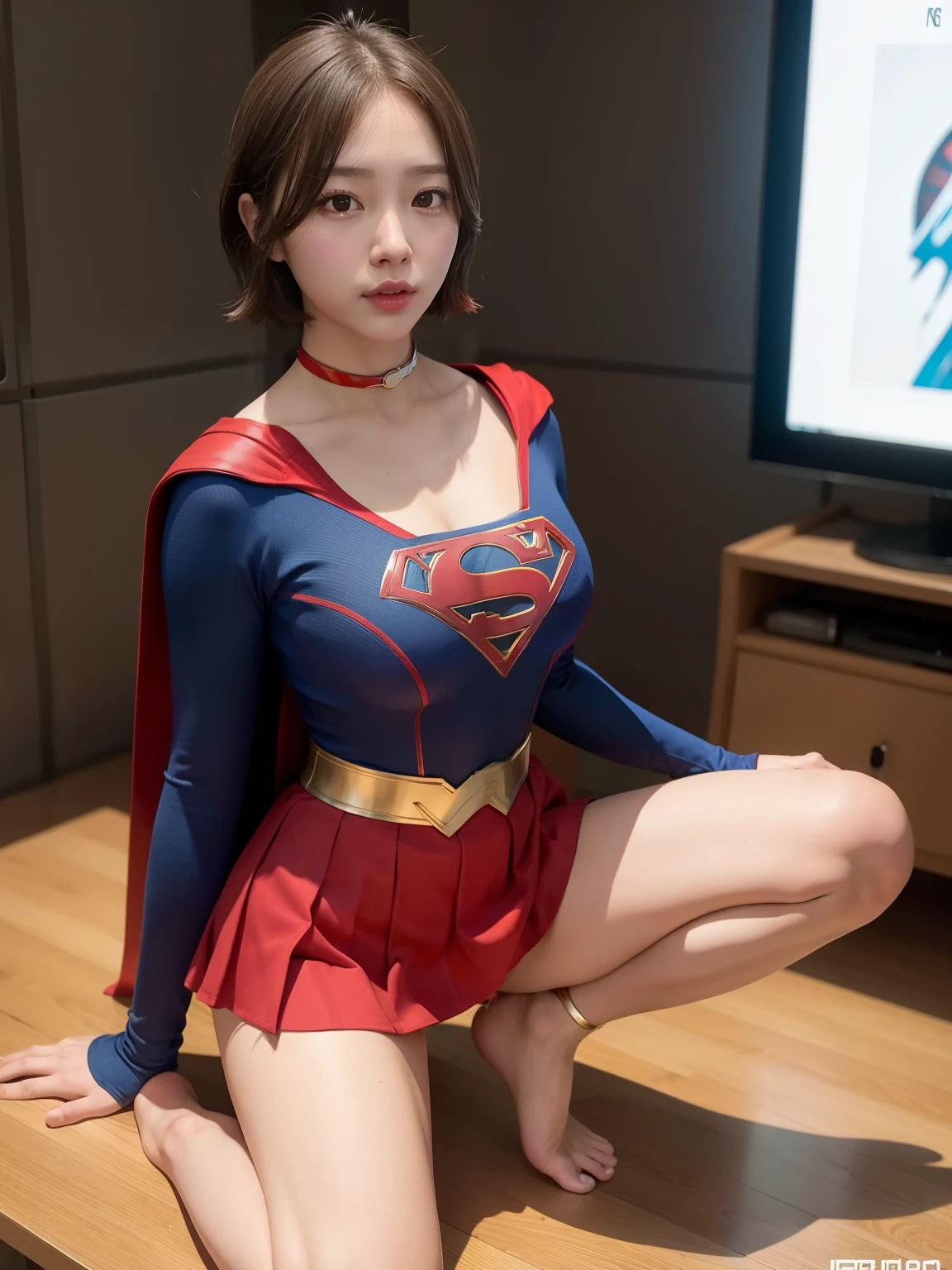 masterpiece、Supergirl costumes、short hair、barefoot、big and full breasts、Experimental Facilities、operating table、straddle、Tattered、shiny、look at the camera、Seduce、choker、long sleeve、red mini skirt、Cowgirl