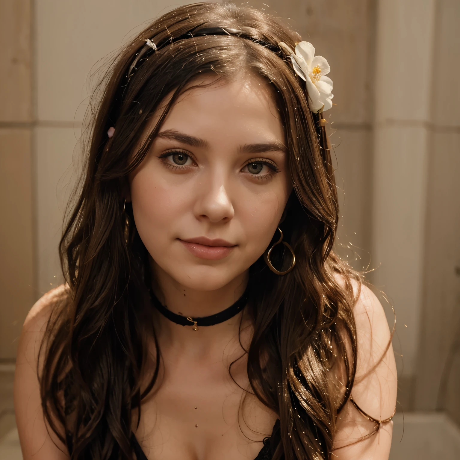 Chloe Hart chubby brunette very long wet hair dimples flower hairband earrings bangles choker ballgown