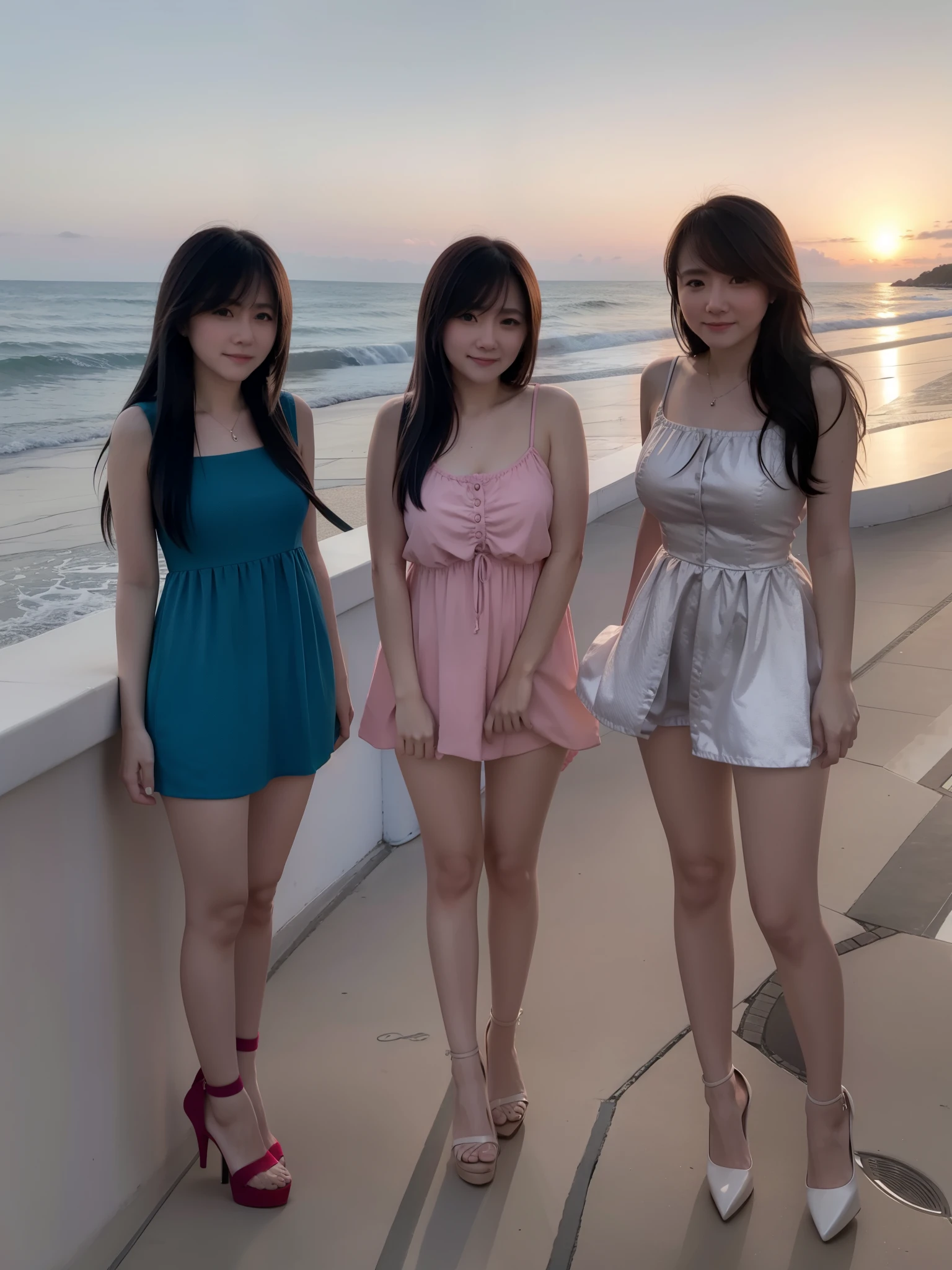 Female ,big boob, Standing At the hotel square, full body, with female friends, bangs long hair, heels, little smile, embrace each other 