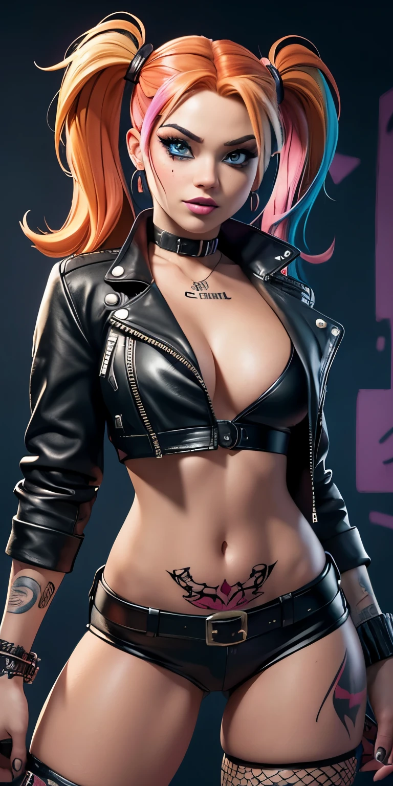 (best quality,4k,8k,highres,masterpiece:1.2),ultra-detailed,realistic,professional,vivid colors, Young Hayle Atwell as Harley Quinn,beautiful detailed eyes,beautiful detailed lips,colourful graffiti background,expressive facial expressions,paint splatters and brush strokes,confident and mischievous stance,captivating smile,edgy punk fashion,stylish makeup,high contrast lighting,gritty urban environment,posh art gallery setting,powerful and dynamic pose,playful personality,detailed tattoos,smoky eye makeup,leather jacket and torn fishnets,colourful and chaotic atmosphere