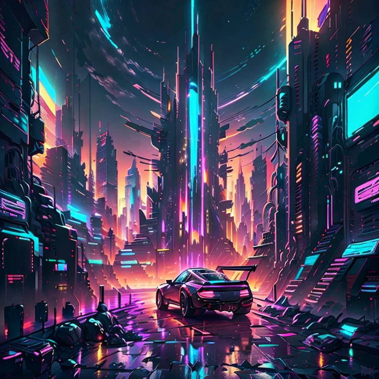 Chevy corvette stingray, neon city, amazing ray pulse up into the sky