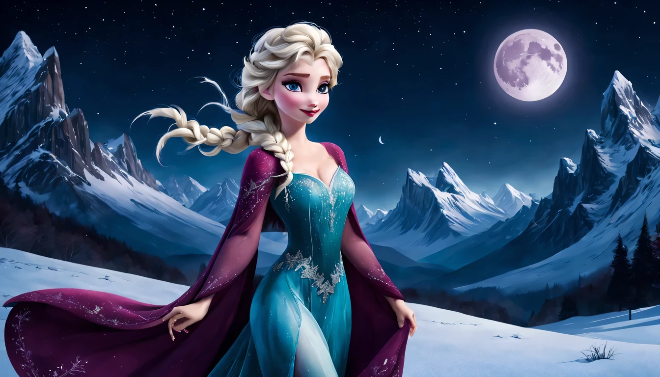 Graceful and fluttering nymph, "Elsa de frozen com vestido Vinho longo", caminhando a noite, and with a night sky with moon over snowy mountains The stars are beautiful