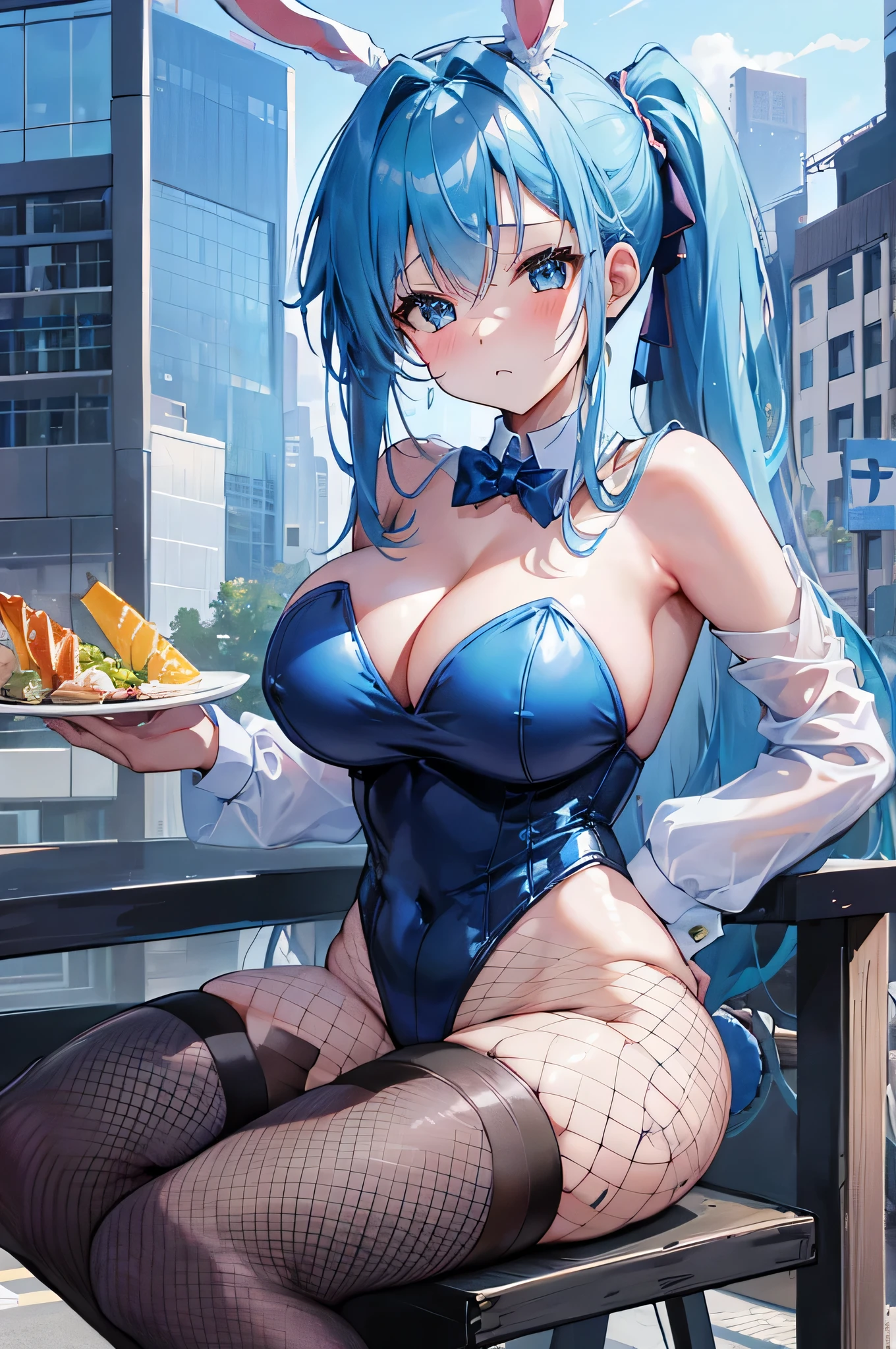 4K,High resolution,one woman,blue hair,long ponytail,big breasts,Bunny girl,ハイレグで食い込んでる白色のBunny girlの服,Blue fishnet stockings,city of the future