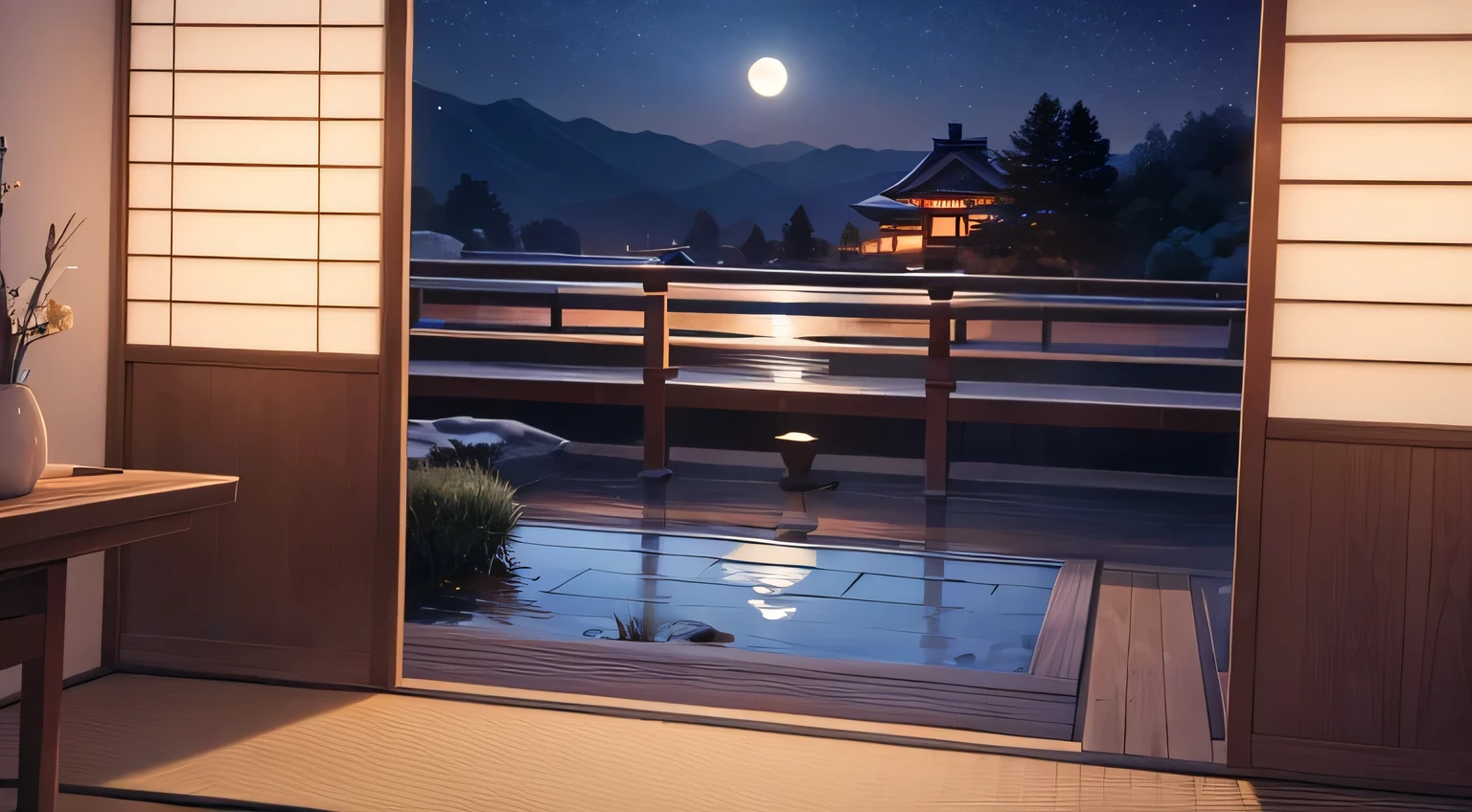 The image captures the serene beauty of a "Moon Night" - unmanned, temple, japan, piano, a moonlit night where the stillness of the night is reflected in its breathtaking beauty. The moonlight gently bathes the surroundings. In contrast, a quiet scene unfolds as someone silently savors a bowl of udon, sipping it without making a sound. This moment of tranquility within the night's hush evokes a sense of happiness and contentment. Real photo, 8k.