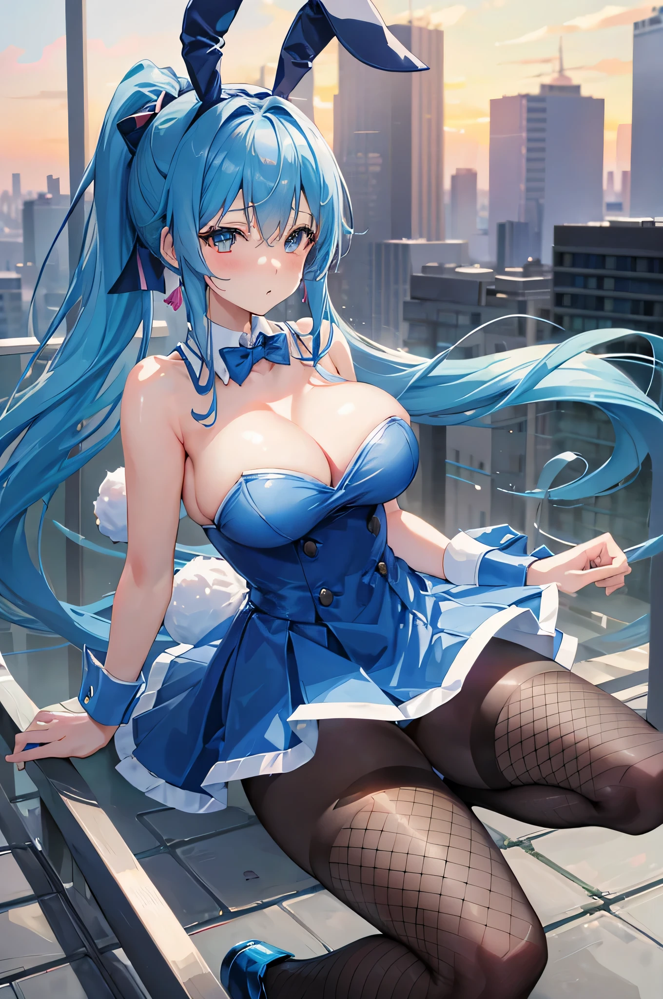 4K,High resolution,one woman,blue hair,long ponytail,big breasts,Bunny girl,ハイレグで食い込んでる白色のBunny girlの服,Blue fishnet stockings,city of the future