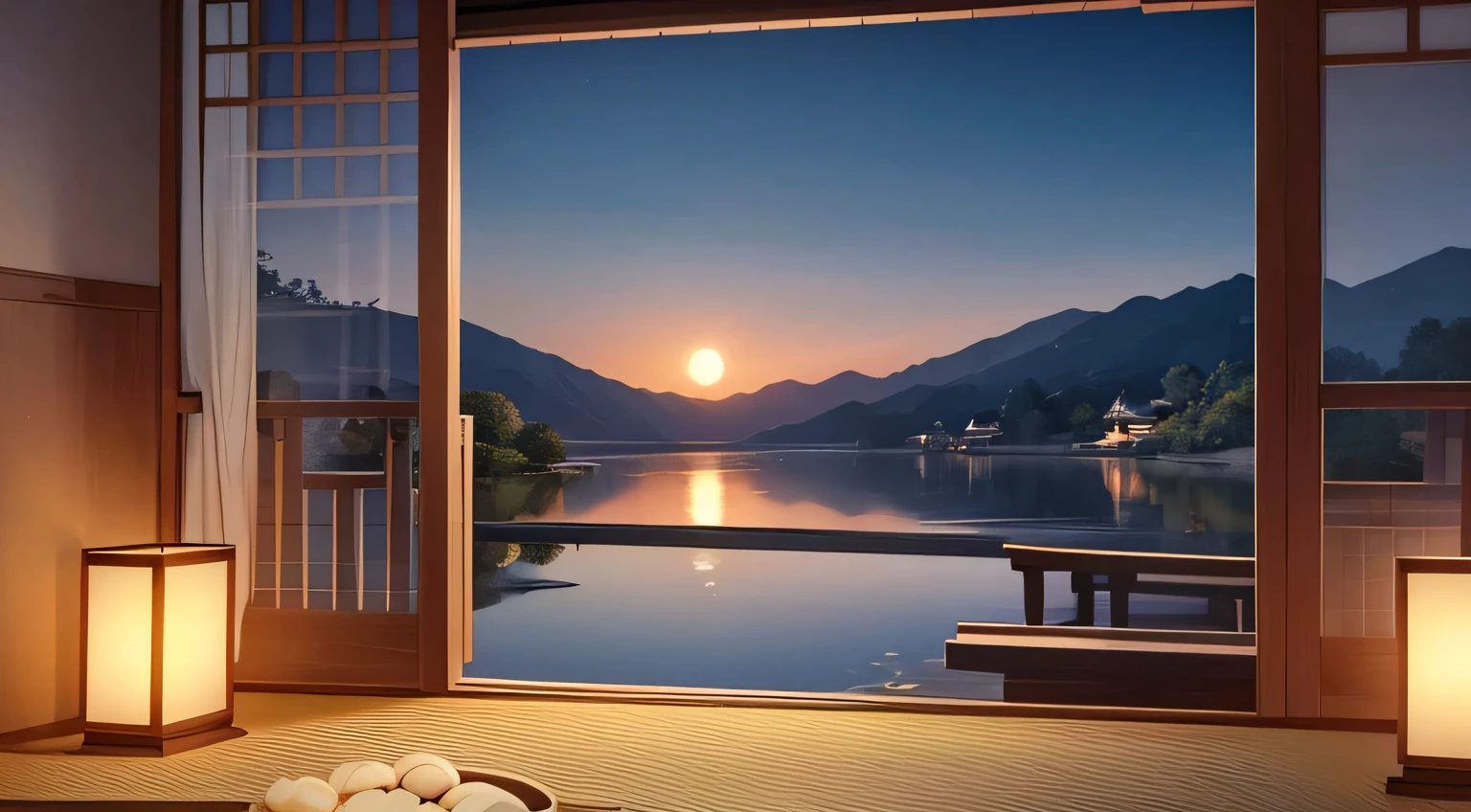The image captures the serene beauty of a "Moon Night" - unmanned, temple, japan, a moonlit night where the stillness of the night is reflected in its breathtaking beauty. The moonlight gently bathes the surroundings. In contrast, a quiet scene unfolds as someone silently savors a bowl of udon, sipping it without making a sound. This moment of tranquility within the night's hush evokes a sense of happiness and contentment. Real photo, 8k.