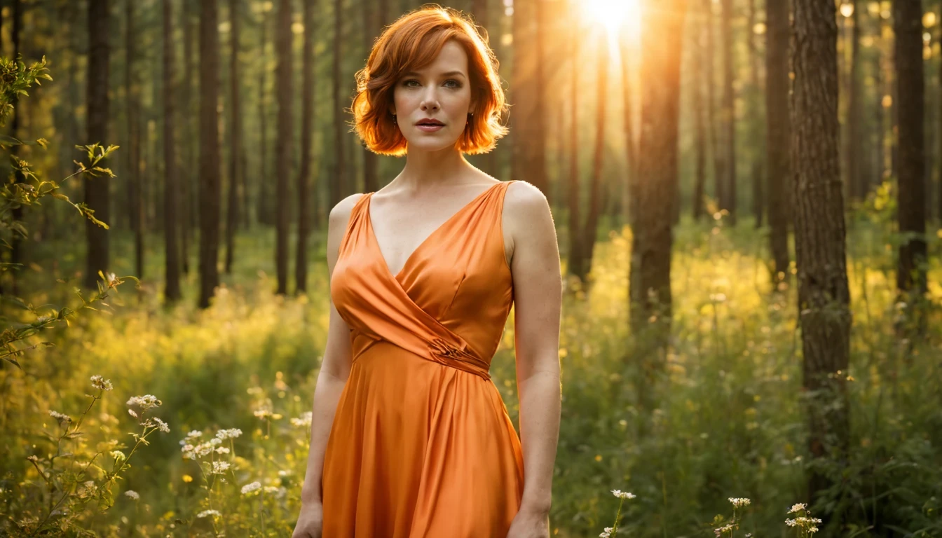 Beautiful girl "Molly Ringwald", full body dress Orange silk dress delicate and beautiful，detaileds，realisticlying，hyper realistic photography，8K UHD，dslr camera，The sun shines in the forest ，hightquality，film grains，Wildflowers are beautiful，The morning sun overlaps，Beautiful
