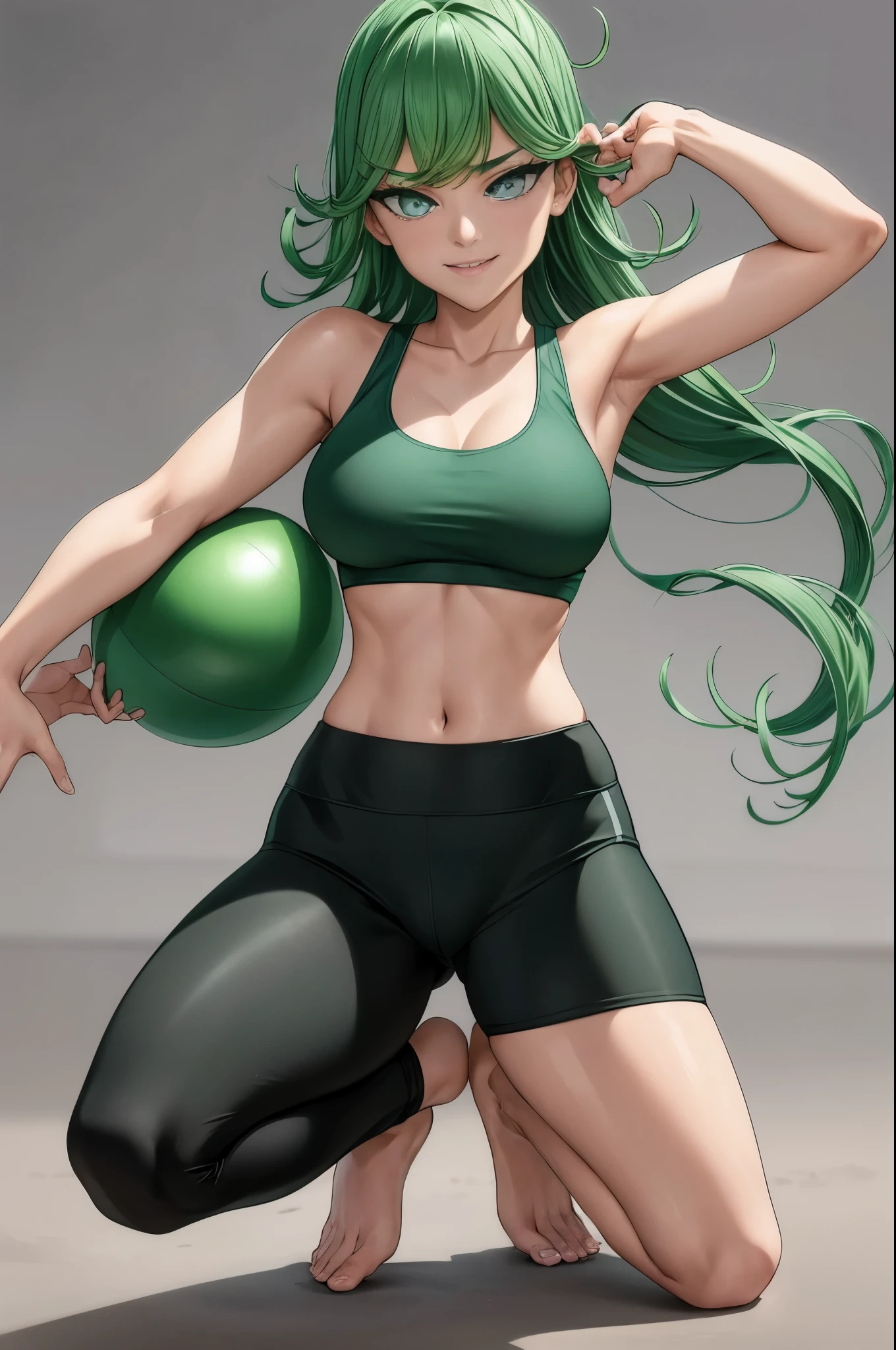 ,masterpiece, best quality, photorealistic, yujiasuit, yoga sports bra, yoga pants, 1girl, solo, , yoga ball, pants, looking at viewer, smile, green sports bra, simple background, , midriff, long hair, breasts, green pants, sportswear, tank top, upper body,gren hair,green eyes