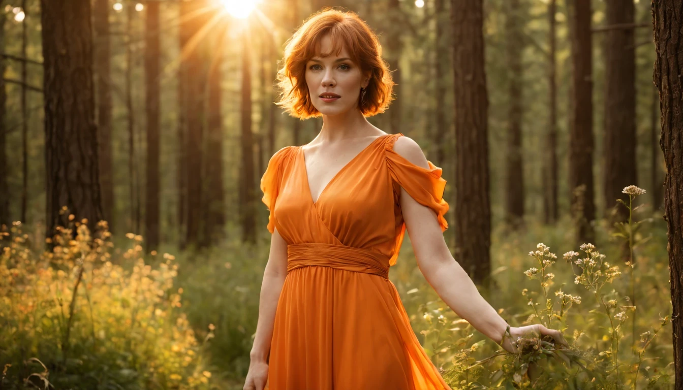 Beautiful girl "Molly Ringwald", full body dress Orange silk dress delicate and beautiful，detaileds，realisticlying，hyper realistic photography，8K UHD，dslr camera，The sun shines in the forest ，hightquality，film grains，Wildflowers are beautiful，The morning sun overlaps，Beautiful
