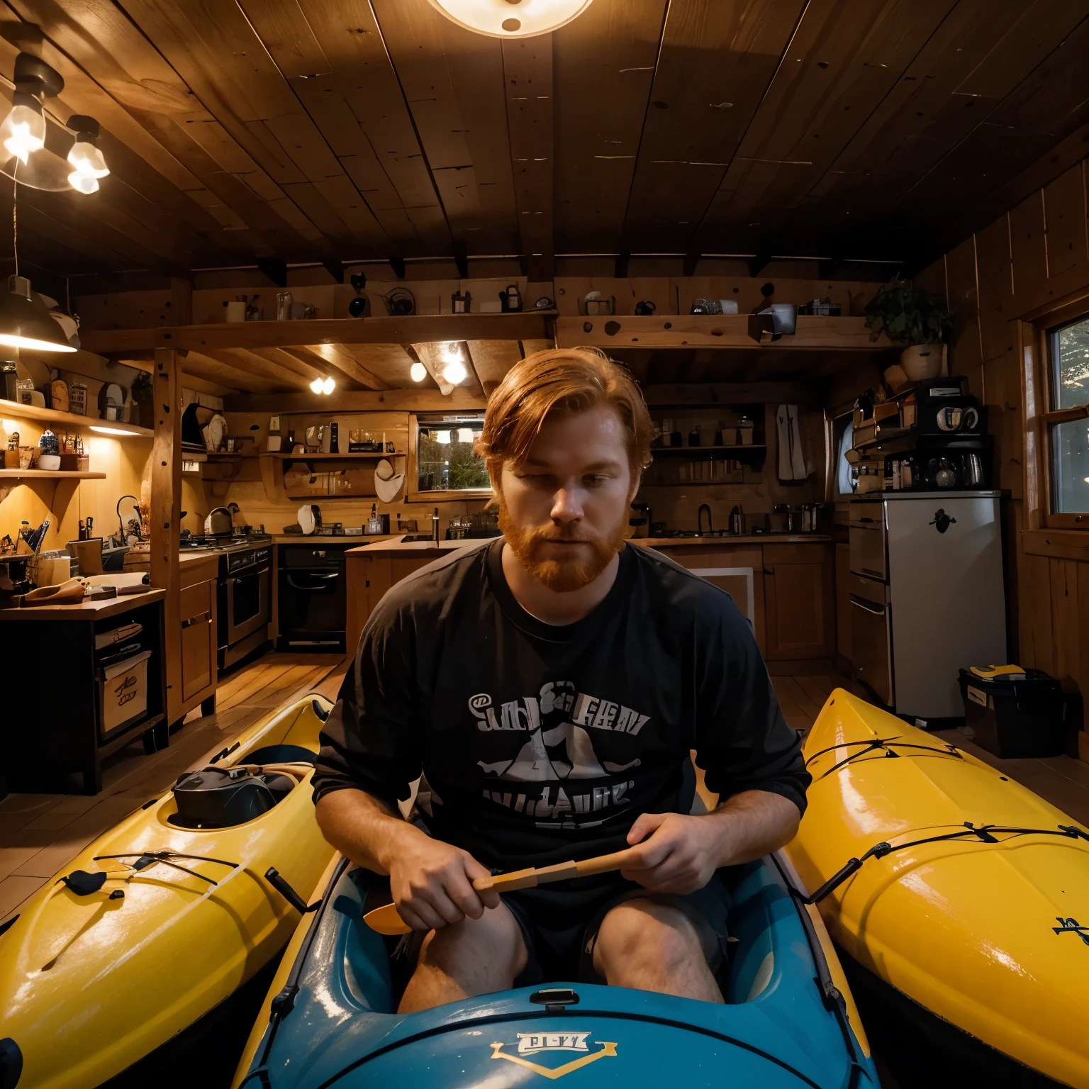Generate a photo of a guy that is cubby, redhead,Swedish, surrounded by Swedish foods in his kayak house and playing gangbeats. It’s also night time so he’s vary sleepy