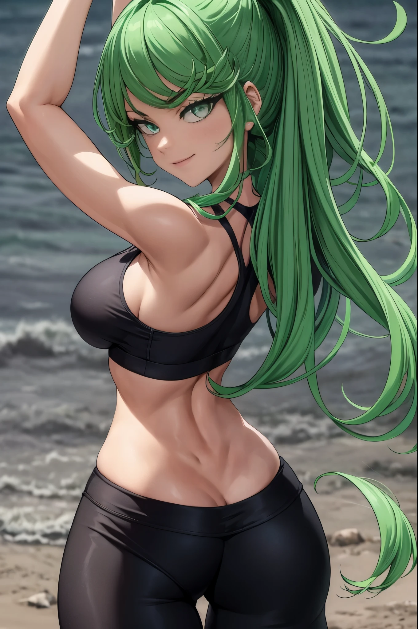 ,masterpiece, best quality, photorealistic, yujiasuit, yoga sports bra, yoga pants, 1girl, solo, , yoga ball, pants, looking at viewer, smile, green sports bra, simple background, , midriff, long hair, breasts, green pants, sportswear, tank top, upper body,gren hair,green eyes