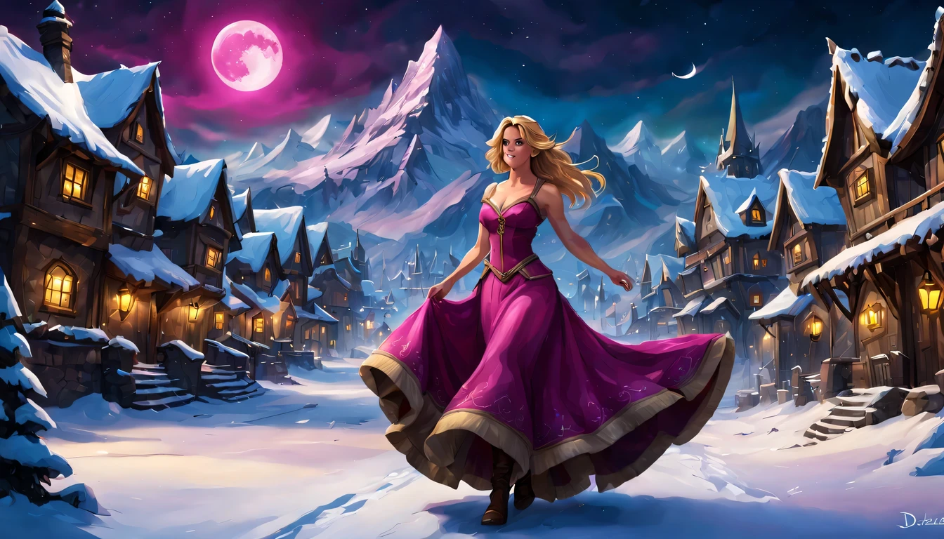 Graceful and fluttering nymph, "Reese Witherspoon com vestido Magenta longo", caminhando a noite, and with a night sky with moon over snowy mountains,  Arte conceitual de inverno, blizzard Arte conceitual de Hearthstone, arte de fundo, arte conceitual estilizada, Fundo da cidade, a bustling magical town, fundo da aldeia nightime, Arte conceitual de Hearthstone, fantasy city setting, arte do jogo de cartas de hearthstone. ”, Noite de Natal de inverno nevada, cidade medieval de fantasia, magical village, Fundo do centro da cidade