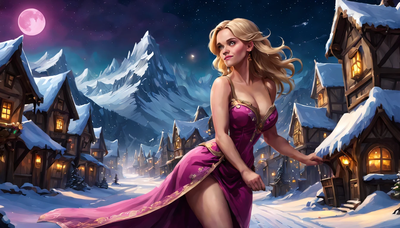 Graceful and fluttering nymph, "Reese Witherspoon com vestido Magenta longo", caminhando a noite, and with a night sky with moon over snowy mountains,  Arte conceitual de inverno, blizzard Arte conceitual de Hearthstone, arte de fundo, arte conceitual estilizada, Fundo da cidade, a bustling magical town, fundo da aldeia nightime, Arte conceitual de Hearthstone, fantasy city setting, arte do jogo de cartas de hearthstone. ”, Noite de Natal de inverno nevada, cidade medieval de fantasia, magical village, Fundo do centro da cidade