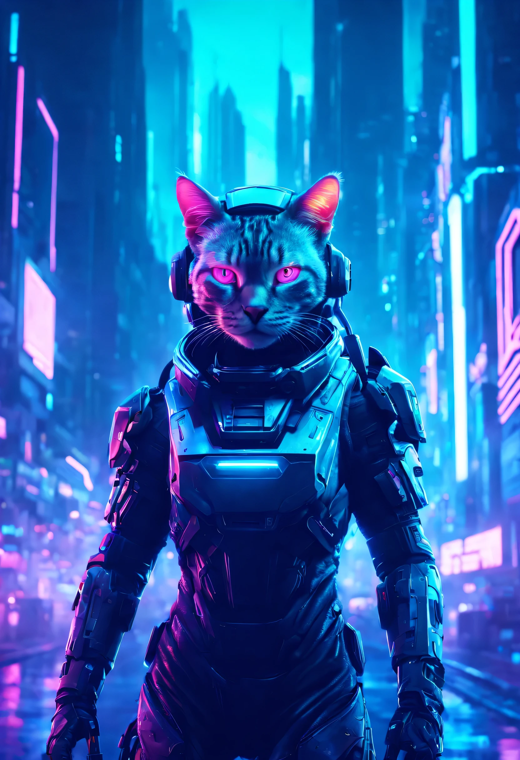 cyber cat in a futuristic city with neon lights, Master Chief em Cyberpunk City, beeple style hybrid mix, estilo de arte cyberpunk, estilo cyberpunk hiper-realista, advanced digital cyberpunk art, astronaut cyberpunk electric, not beeple style, Homem de Ferro Cyberpunk, em uma Cidade Cyberpunk Futurista, Greg Beeple, arte com tema cyberpunk, tem estilo cyberpunk, Cyberpunk scifi