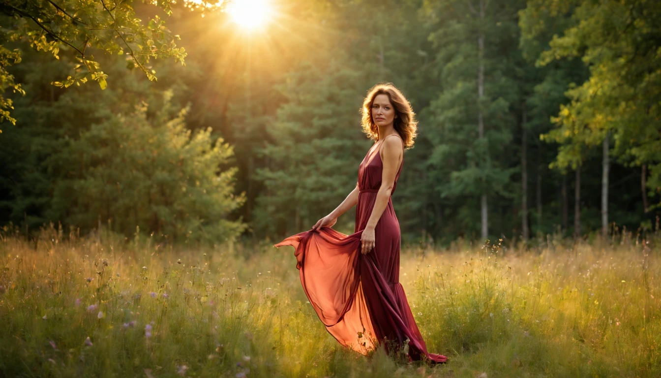 Beautiful girl "Jennifer Grey", full body dress Vinho silk dress delicate and beautiful，detaileds，realisticlying，hyper realistic photography，8K UHD，dslr camera，The sun shines in the forest ，hightquality，film grains，Wildflowers are beautiful，The morning sun overlaps，Beautiful
