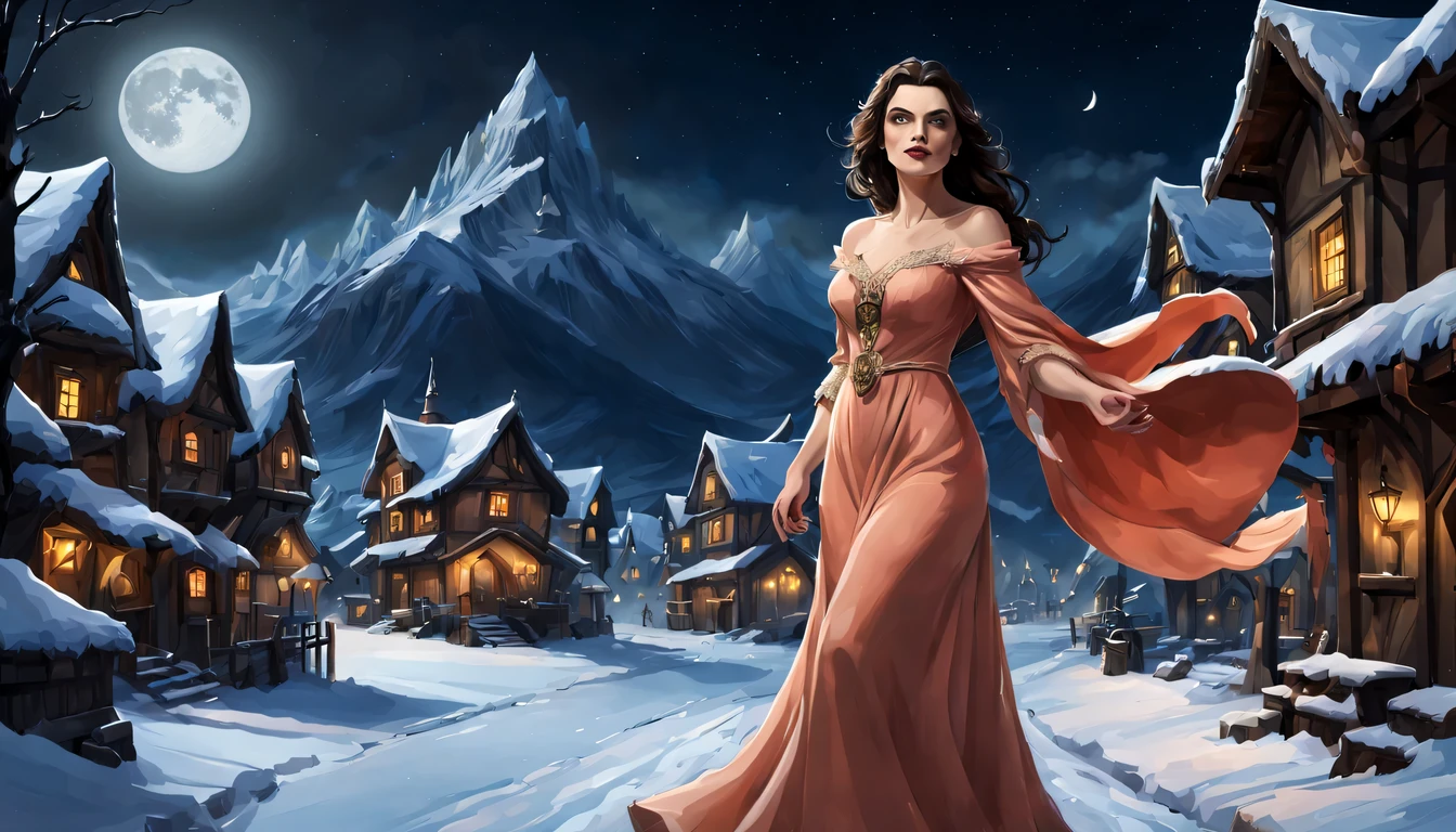 Graceful and fluttering nymph, "Rachel Weisz in long dark salmon dress", caminhando a noite, and with a night sky with moon over snowy mountains, Arte conceitual de inverno, blizzard Arte conceitual de Hearthstone, arte de fundo, arte conceitual estilizada, Fundo da cidade, a bustling magical town, fundo da aldeia nightime, Arte conceitual de Hearthstone, fantasy city setting, arte do jogo de cartas de hearthstone. ”, Noite de Natal de inverno nevada, cidade medieval de fantasia, magical village, Fundo do centro da cidade
