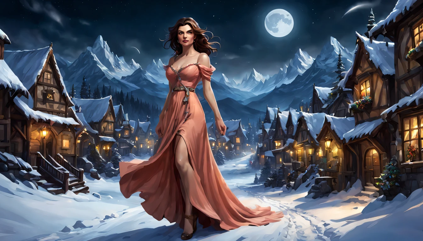 Graceful and fluttering nymph, "Rachel Weisz in long dark salmon dress", caminhando a noite, and with a night sky with moon over snowy mountains, Arte conceitual de inverno, blizzard Arte conceitual de Hearthstone, arte de fundo, arte conceitual estilizada, Fundo da cidade, a bustling magical town, fundo da aldeia nightime, Arte conceitual de Hearthstone, fantasy city setting, arte do jogo de cartas de hearthstone. ”, Noite de Natal de inverno nevada, cidade medieval de fantasia, magical village, Fundo do centro da cidade